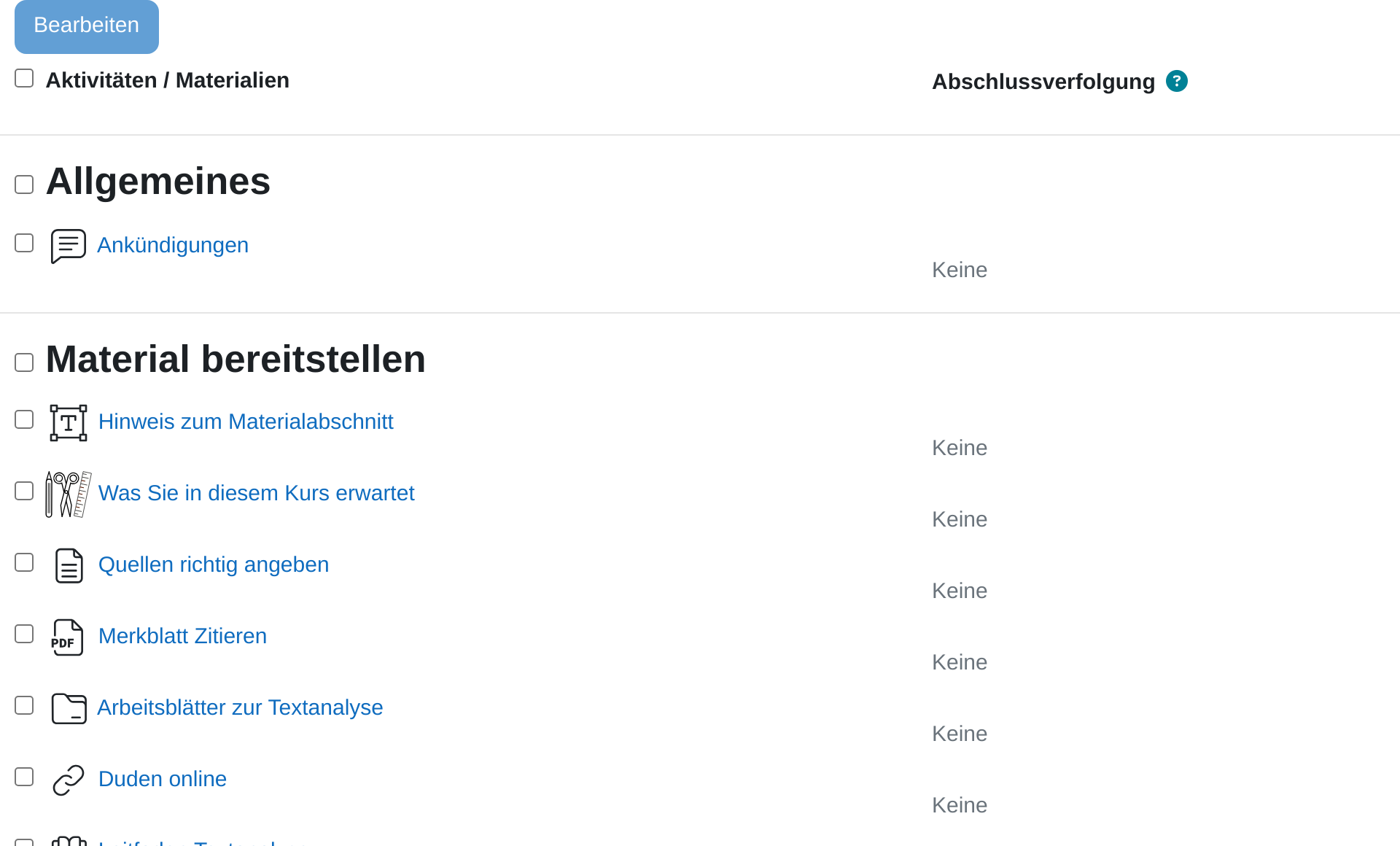 Seite „Sammelbearbeitung von Aktivitätsabschlüssen“: je Kursabschnitt eine Liste der Aktivitäten mit einem Auswahlkästchen und der Spalte Abschlussverfolgung, in der überall „Keine“ steht