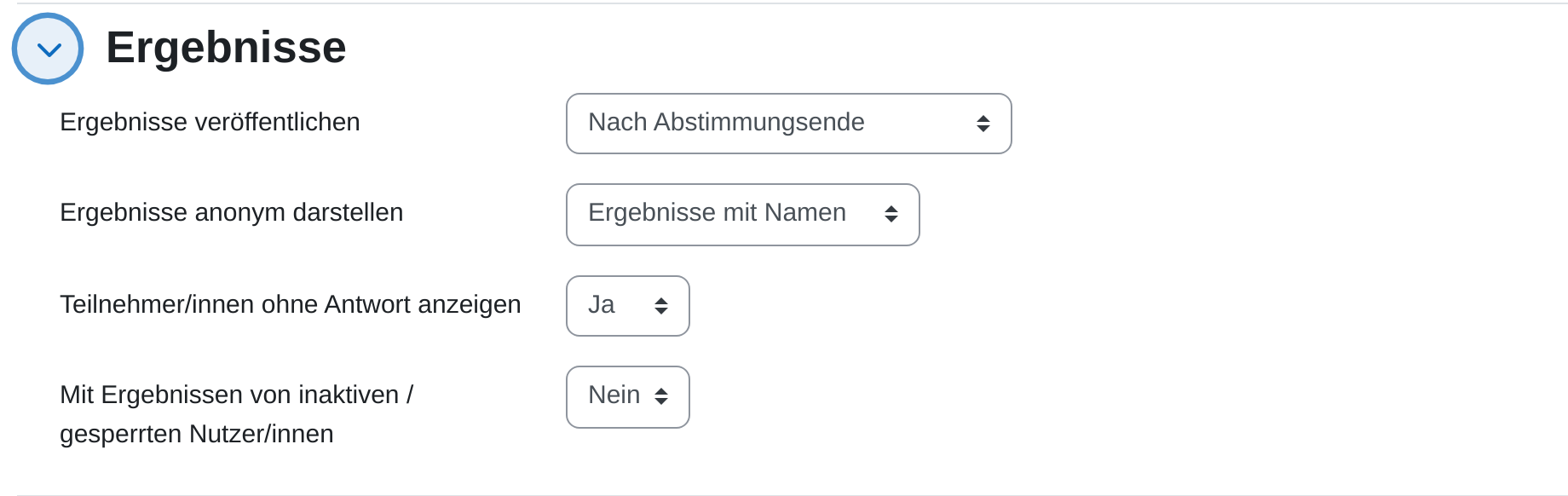 Einstellungsabschnitt „Ergebnisse“ mit „Ergebnisse veröffentlichen“ auf „Nach Abstimmungsende“, „Ergebnisse anonym darstellen“ auf „Ergebnisse mit Namen“ und „Teilnehmer/innen ohne Antwort anzeigen“ auf „Ja“