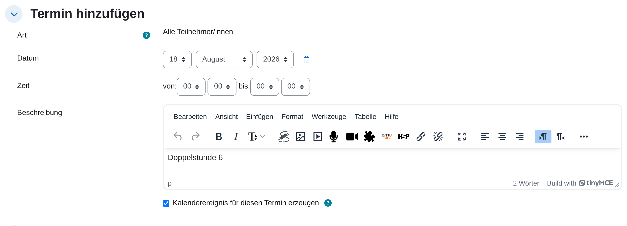 Formular „Termin hinzufügen“ mit den Feldern Art, Datum, Zeit von und bis, Beschreibung und dem Haken „Kalenderereignis für diesen Termin erzeugen“