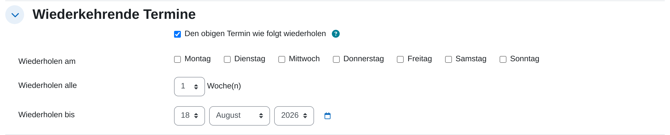 Abschnitt „Wiederkehrende Termine“ mit gesetztem Haken „Den obigen Termin wie folgt wiederholen“, den Wochentagen Montag bis Sonntag sowie den Feldern „Wiederholen alle“ und „Wiederholen bis“