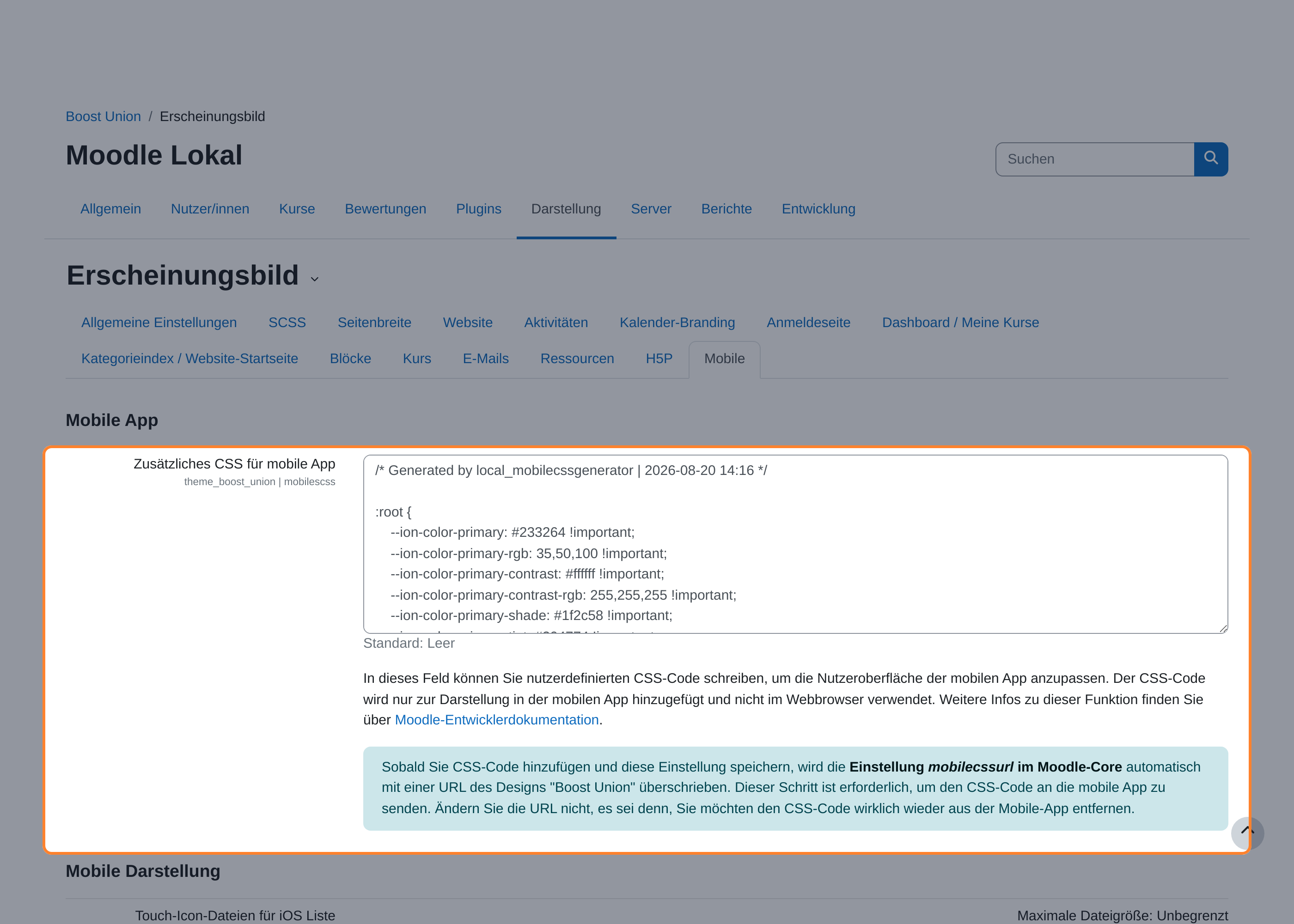 Einstellungsseite „Erscheinungsbild“ von Boost Union mit der Reiterzeile, in der „Mobile“ ausgewählt ist. Hervorgehoben das Feld „Zusätzliches CSS für mobile App“ mit eingefügtem CSS-Code.
