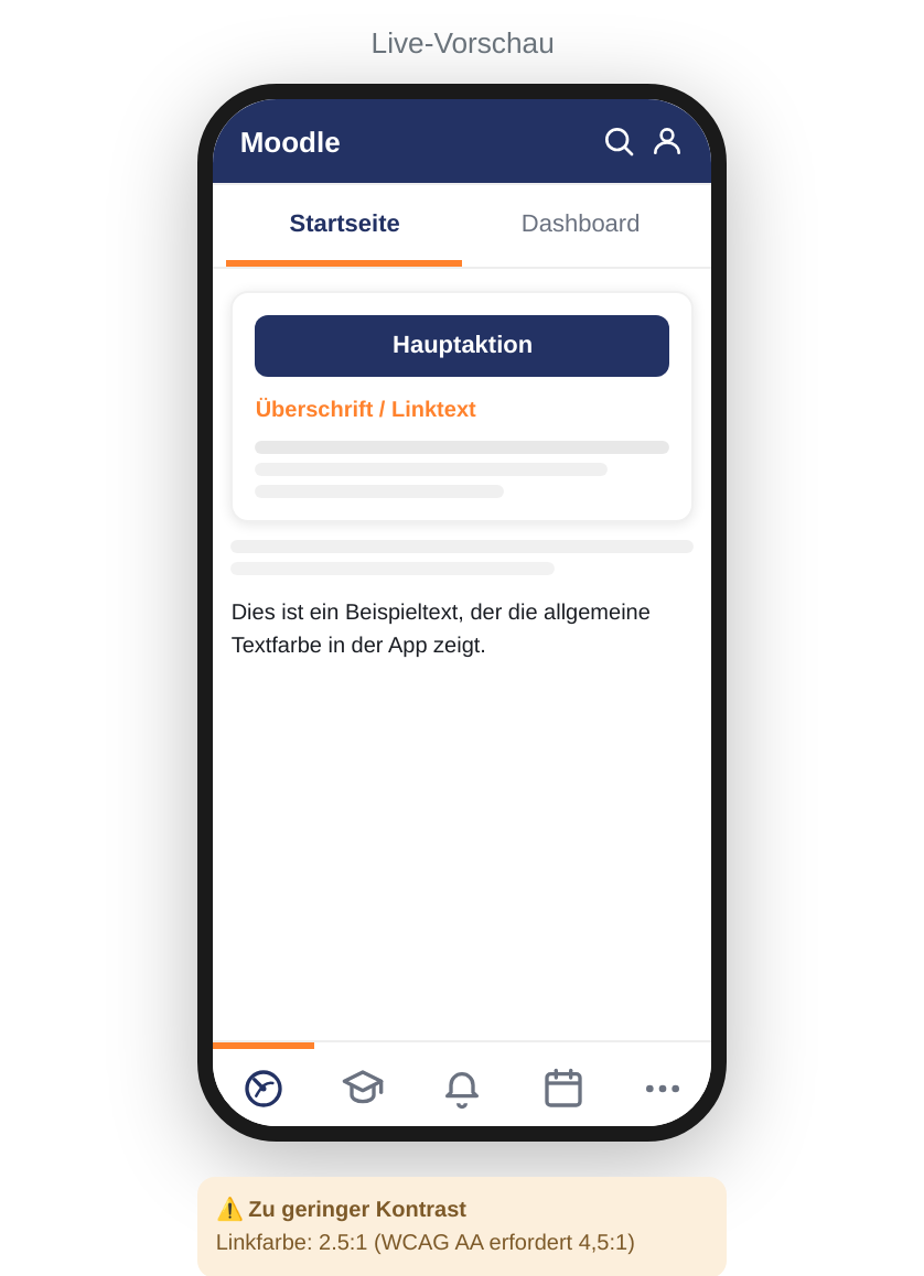 Schematisches Handy mit dunkelblauer Kopfzeile, zwei Reitern, einer dunkelblauen Schaltfläche und orangefarbenem Linktext. Darunter ein gelber Kasten: „Zu geringer Kontrast. Linkfarbe: 2.5:1 (WCAG AA erfordert 4,5:1)“.