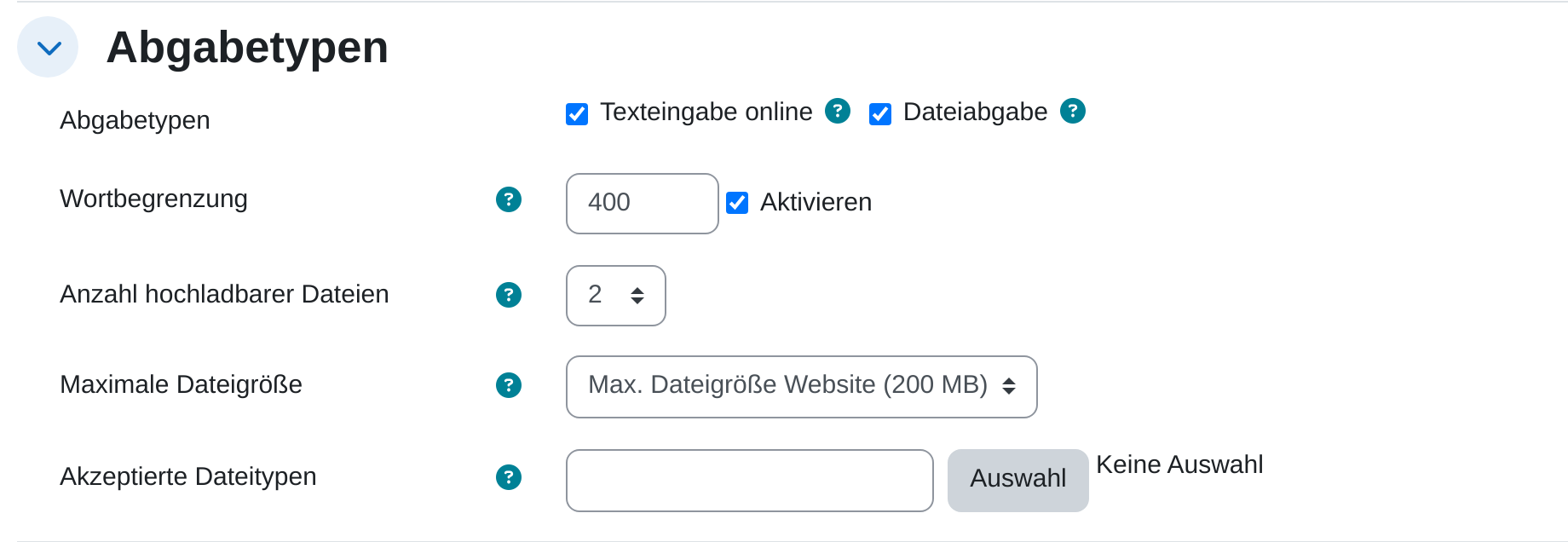 Einstellungsabschnitt „Abgabetypen“ mit gesetzten Haken bei „Texteingabe online“ und „Dateiabgabe“, darunter die Felder Wortbegrenzung, Anzahl hochladbarer Dateien, Maximale Dateigröße und Akzeptierte Dateitypen