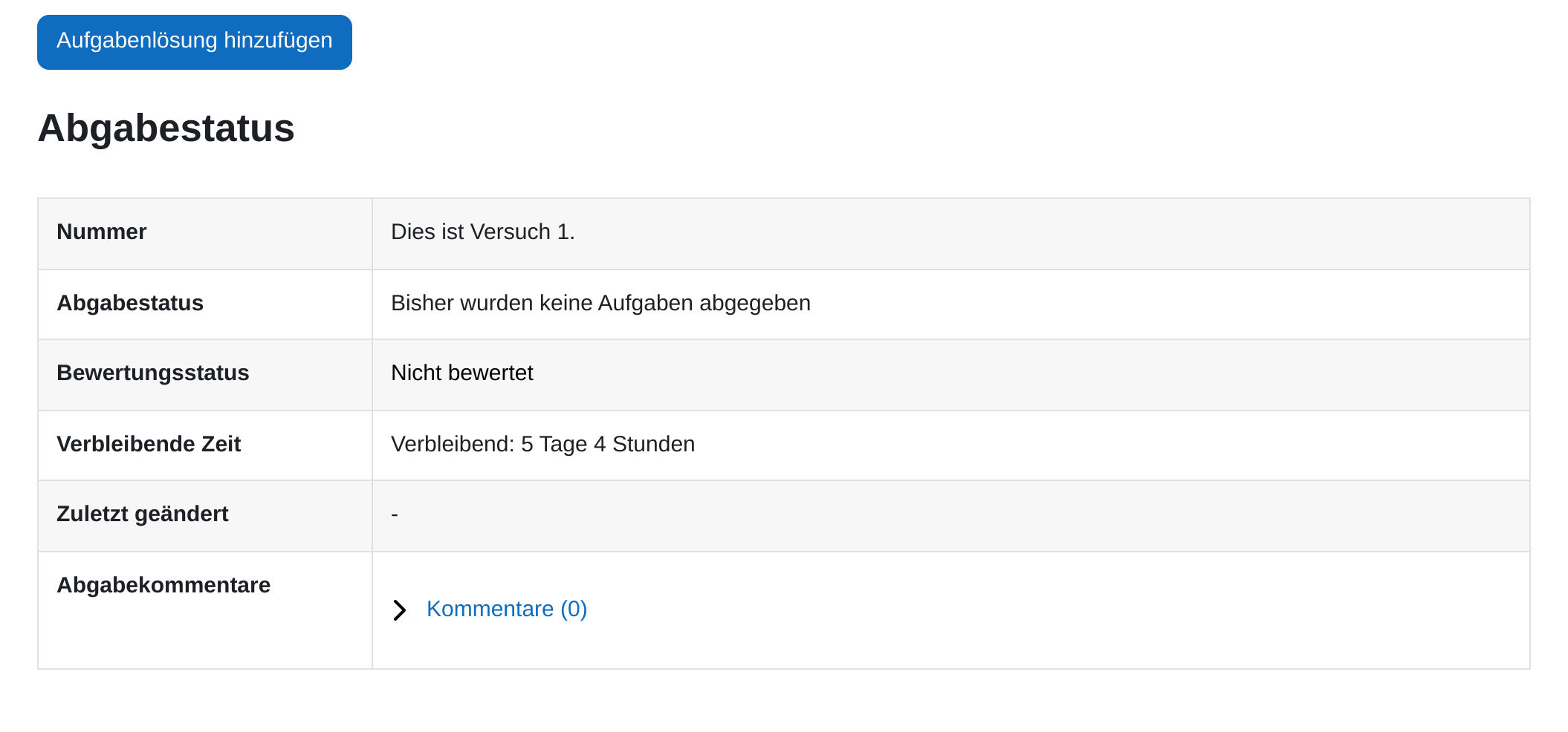 Aufgabe aus Sicht eines Teilnehmers ohne Abgabe: die Schaltfläche „Aufgabenlösung hinzufügen“ und darunter die Tabelle „Abgabestatus“ mit den Zeilen Nummer, Abgabestatus, Bewertungsstatus und Verbleibende Zeit