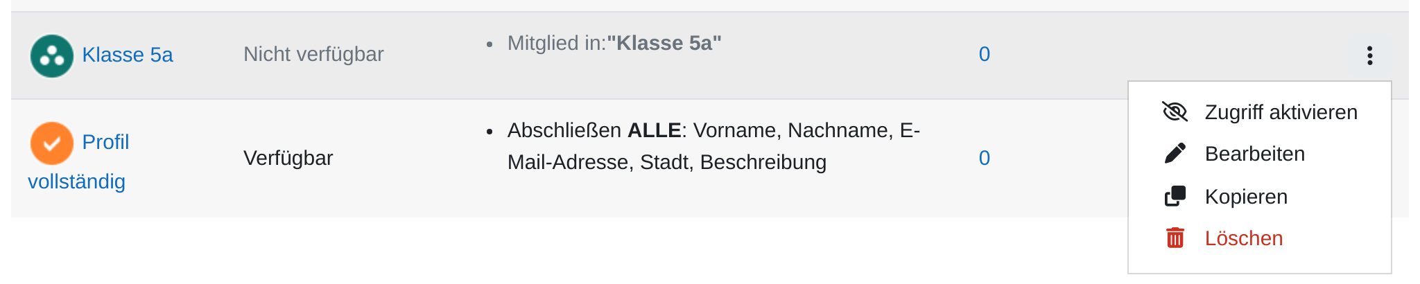 Eine Tabellenzeile mit geöffnetem Aktionsmenü. Darin untereinander die Einträge Zugriff aktivieren, Bearbeiten, Kopieren und in Rot Löschen.