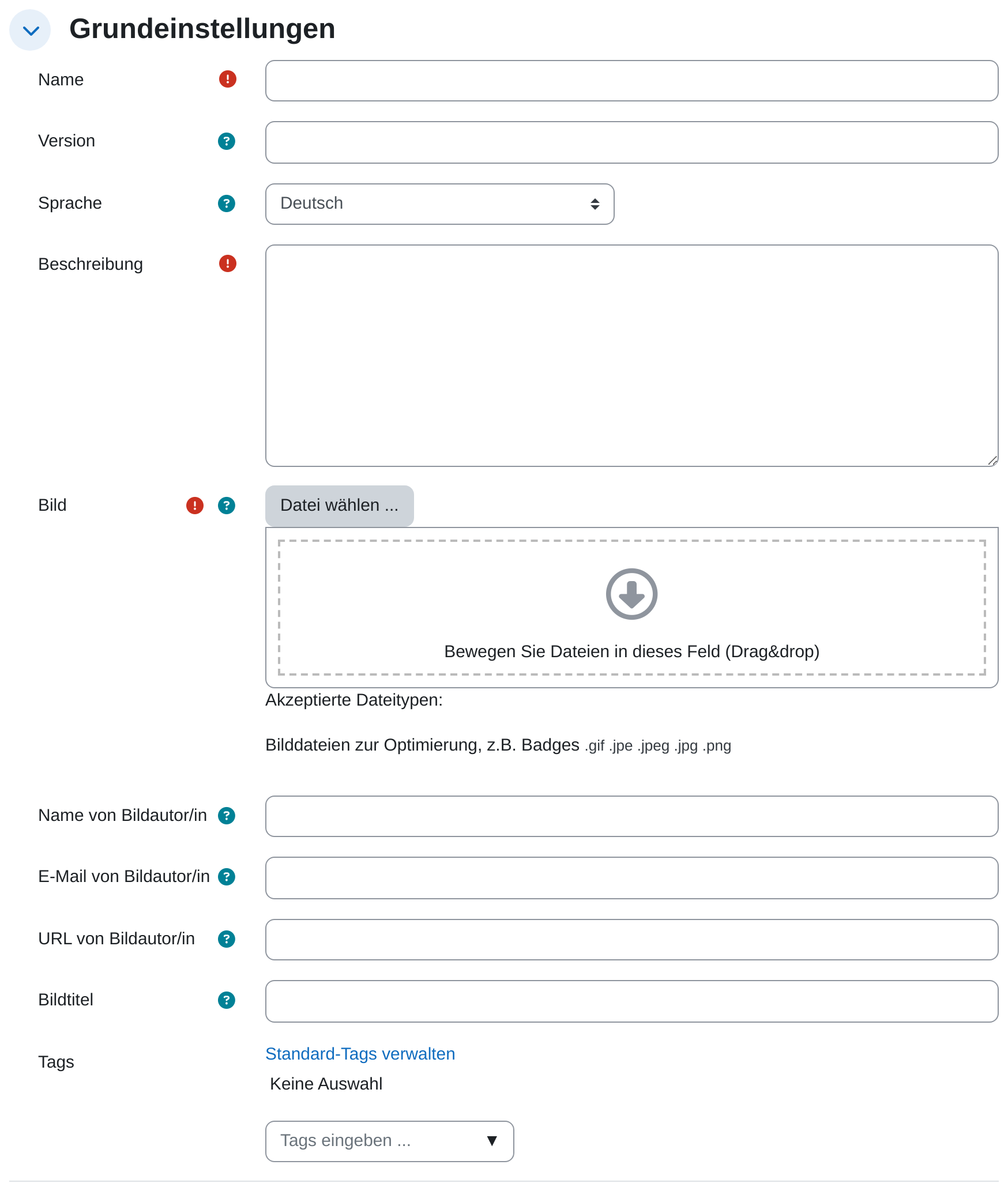 Der Formularabschnitt Grundeinstellungen von „Neuen Badge anlegen“ mit den Feldern Name, Version, Sprache, Beschreibung, dem Dateifeld Bild, den Angaben Name, E-Mail und URL von Bildautor/in, Bildtitel und Tags. Name, Beschreibung und Bild sind als Pflichtfelder markiert.