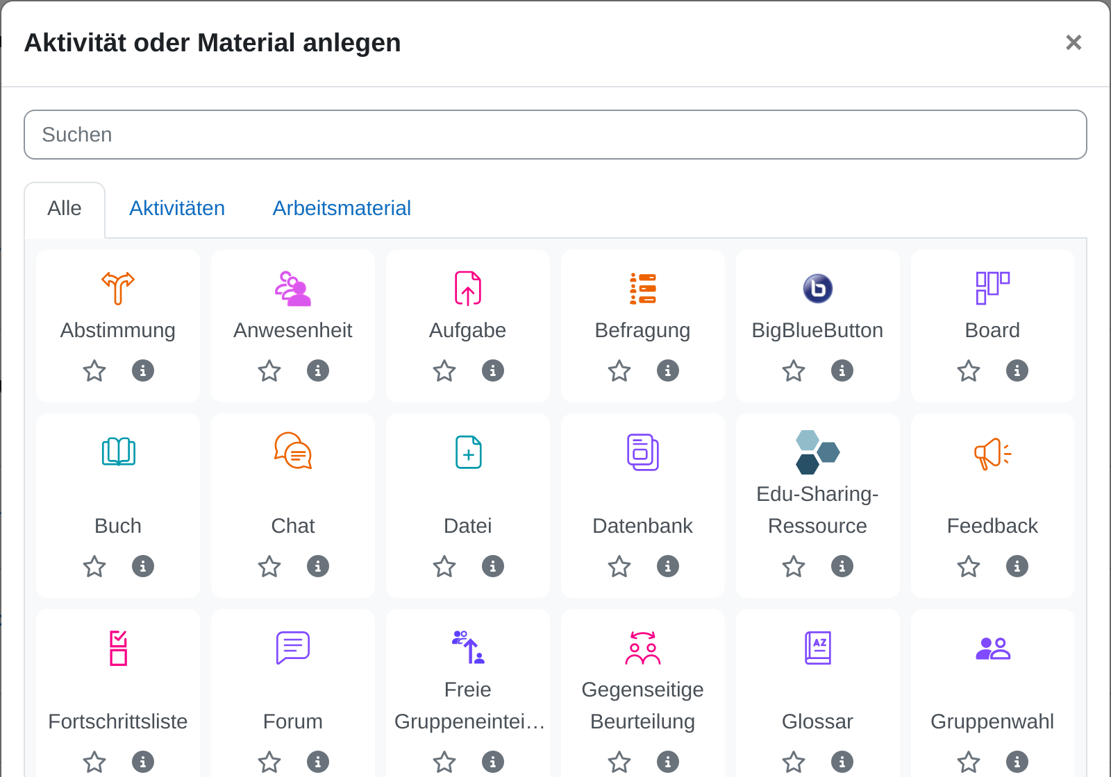 Auswahlfenster „Aktivität oder Material anlegen“ mit Suchfeld und den Reitern Alle, Aktivitäten und Arbeitsmaterial