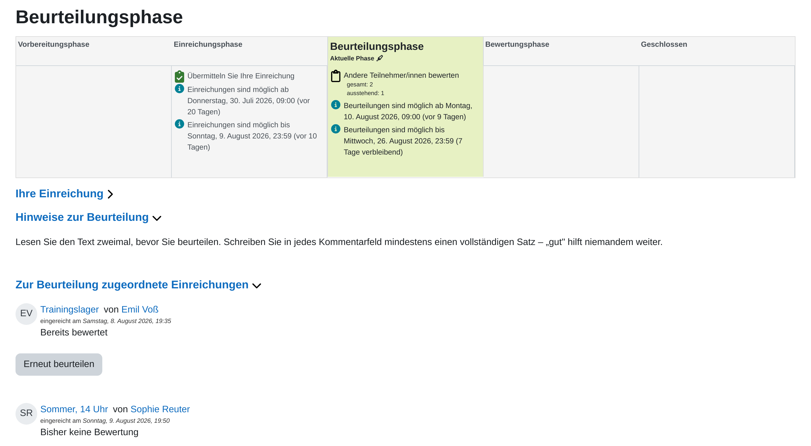 Gegenseitige Beurteilung aus Sicht einer Teilnehmerin in der Beurteilungsphase: der Navigator mit ihren eigenen Schritten, die Bereiche „Ihre Einreichung“ und „Hinweise zur Beurteilung“ und darunter die Liste „Zur Beurteilung zugeordnete Einreichungen“ mit den Schaltflächen zum Beurteilen