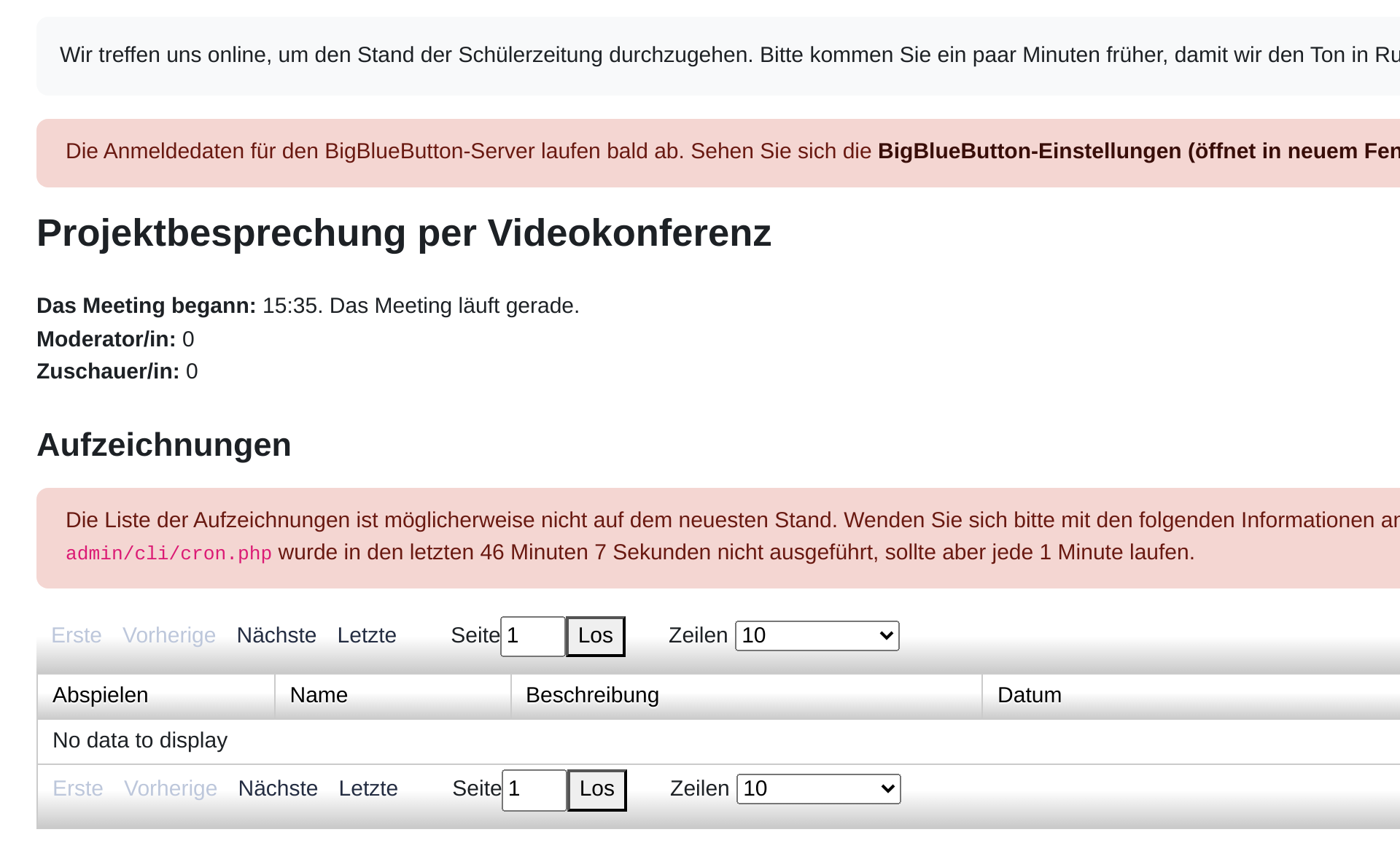 Aktivitätsseite mit Beschreibung, der Meldung „Der Raum ist fertig vorbereitet“, der Schaltfläche Teilnehmen und der darunter liegenden Liste der Aufzeichnungen