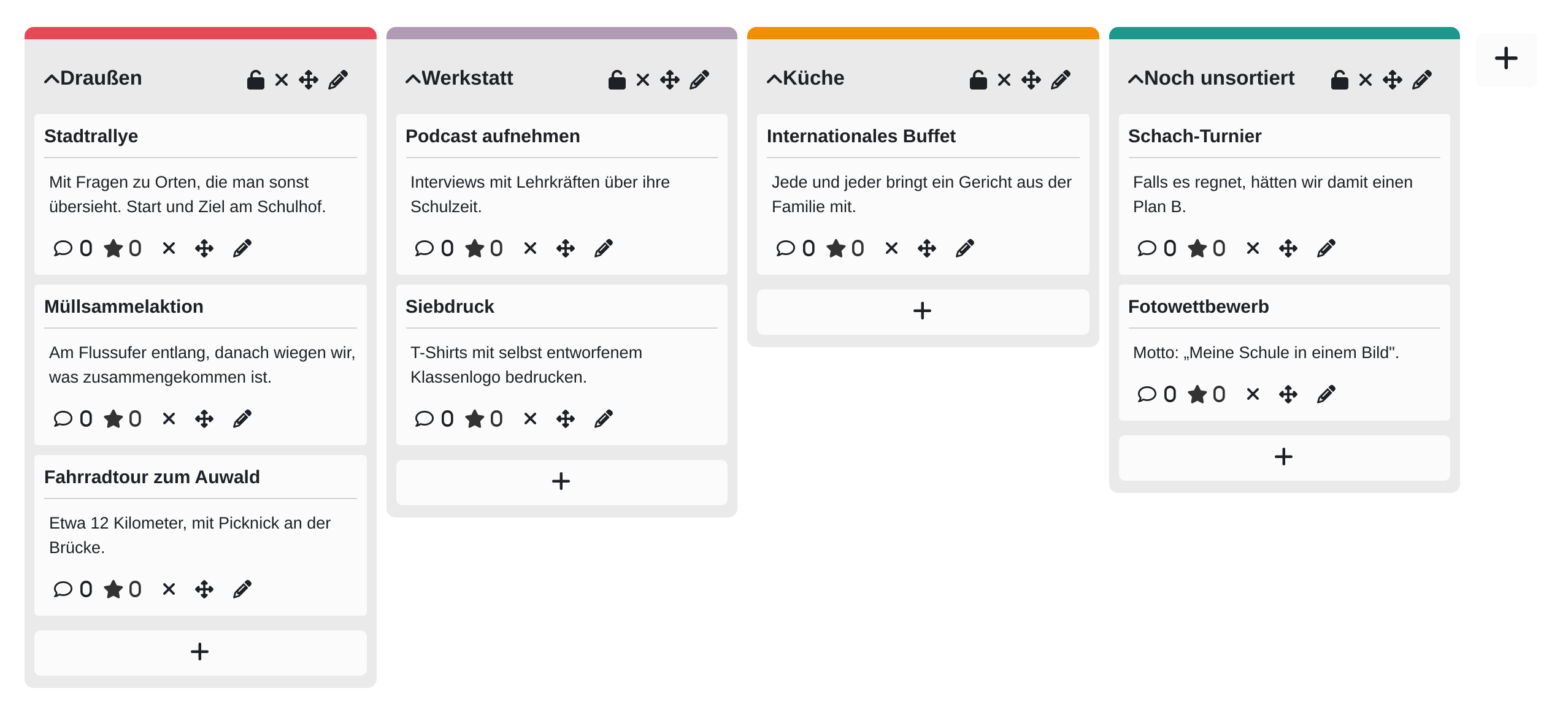 Board mit vier farbig abgesetzten Spalten und den Beiträgen darin; jeder Beitrag zeigt Titel, Text und darunter die Symbole für Kommentare, Bewertung, Löschen, Verschieben und Bearbeiten