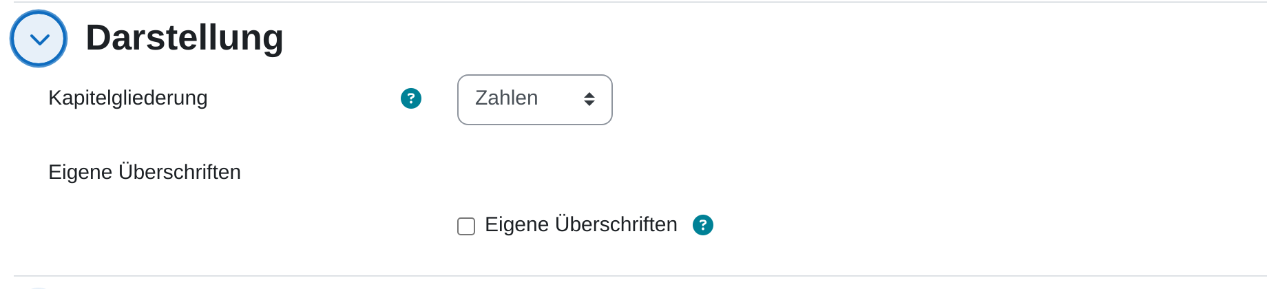 Einstellungsabschnitt „Darstellung“ mit dem Auswahlfeld Kapitelgliederung auf „Zahlen“ und dem Kästchen „Eigene Überschriften“
