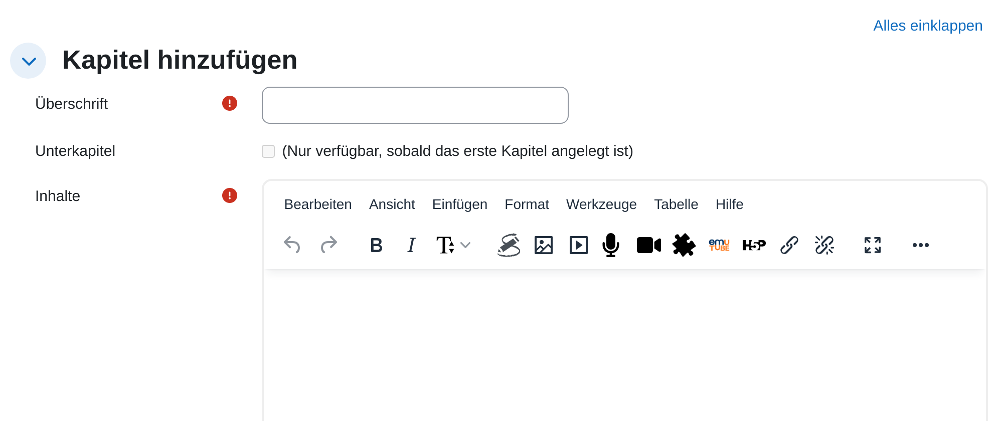 Formular „Kapitel hinzufügen“ mit dem Pflichtfeld Überschrift, dem gesperrten Kästchen Unterkapitel samt Hinweis „(Nur verfügbar, sobald das erste Kapitel angelegt ist)“ und dem Editorfeld Inhalte