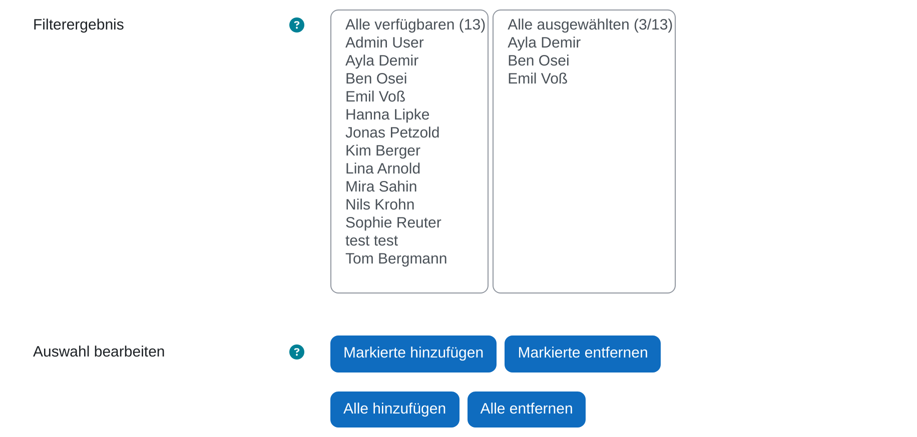 Der Abschnitt „Filterergebnis“ mit zwei Listenfeldern nebeneinander. Links „Alle verfügbaren (13)“ mit dreizehn Namen, rechts „Alle ausgewählten (3/13)“ mit Ayla Demir, Ben Osei und Emil Voß. Darunter unter der Beschriftung „Auswahl bearbeiten“ die vier Schaltflächen „Markierte hinzufügen“, „Markierte entfernen“, „Alle hinzufügen“ und „Alle entfernen“.
