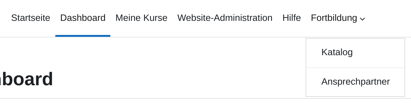 Navigationsleiste mit den Einträgen „Startseite“, „Dashboard“, „Meine Kurse“, „Website-Administration“, „Hilfe“ und „Fortbildung“. Unter „Fortbildung“ ist ein Menü aufgeklappt mit „Katalog“, einer Trennlinie und „Ansprechpartner“.