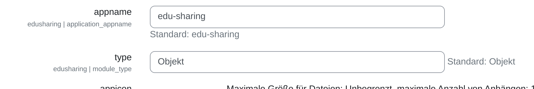 Zwei Einstellungszeilen aus dem Abschnitt UI Einstellungen: appname mit dem Standardwert edu-sharing und type mit dem Standardwert Objekt.