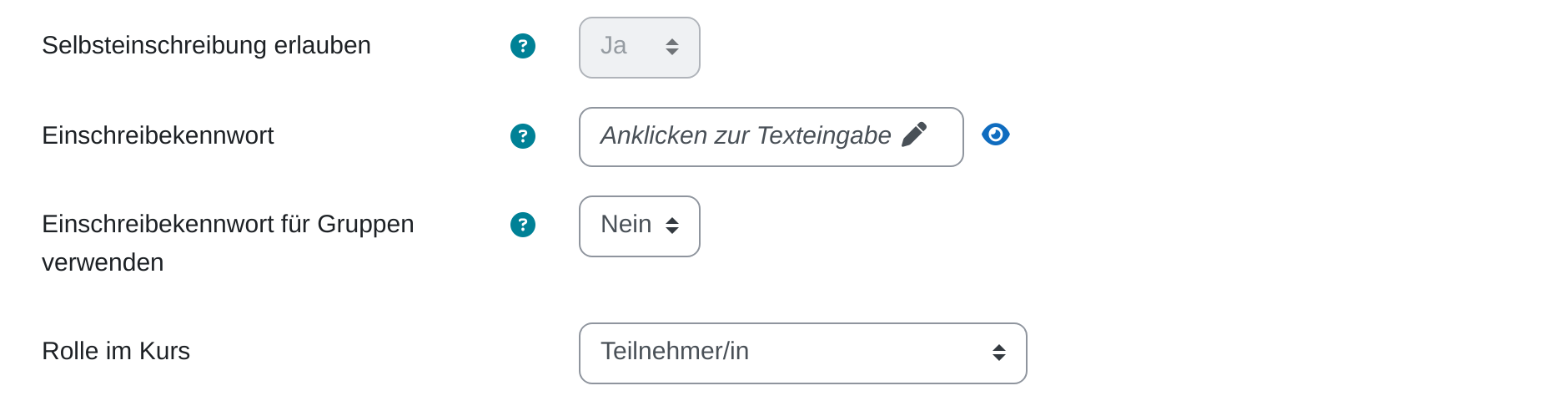 Ausschnitt der Einstellungen der Selbsteinschreibung mit den Feldern „Selbsteinschreibung erlauben“ auf „Ja“, Einschreibekennwort, „Einschreibekennwort für Gruppen verwenden“ auf „Nein“ und „Rolle im Kurs“ auf „Teilnehmer/in“
