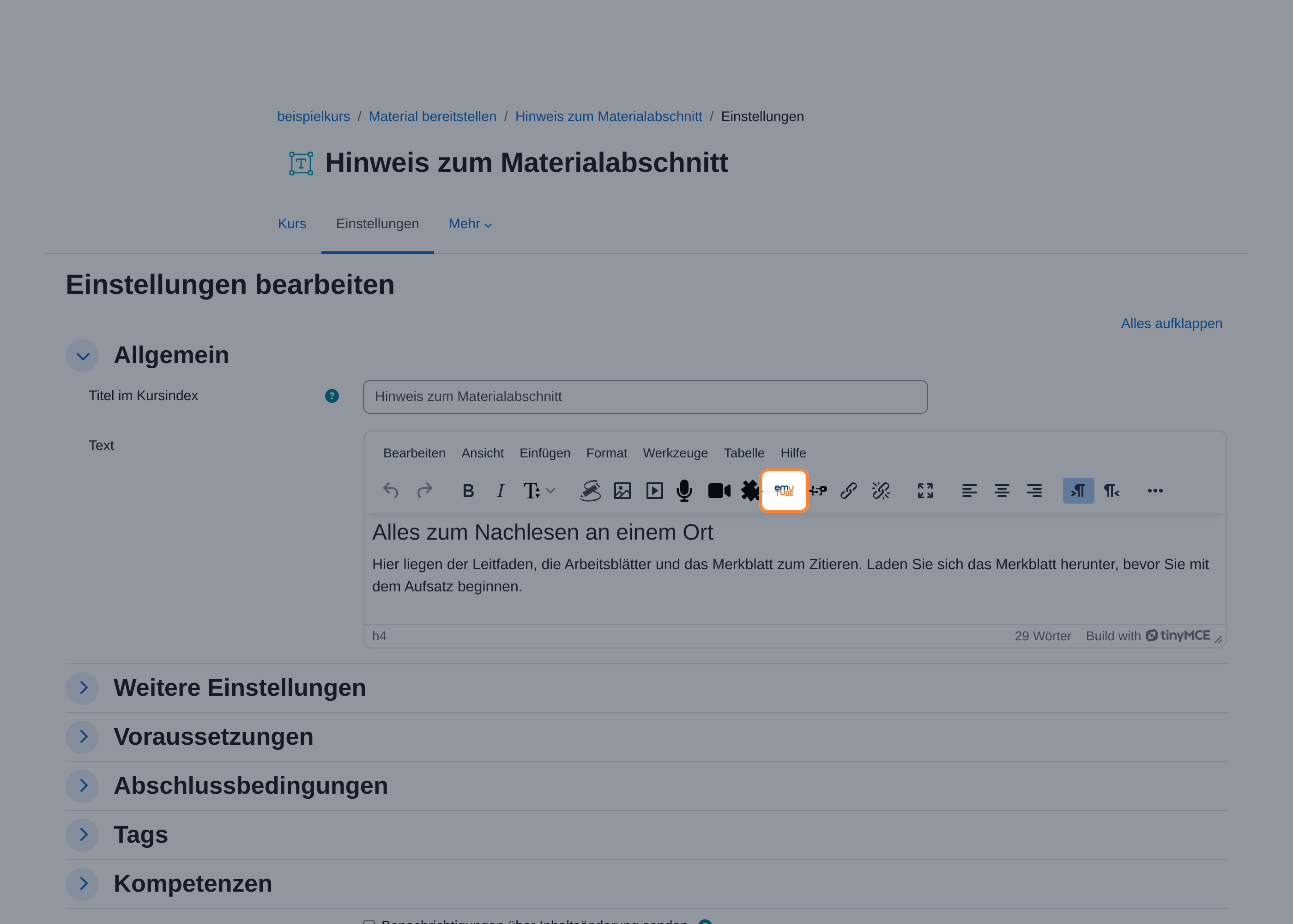 Einstellungsformular eines Text- und Medienfeldes, in der Werkzeugleiste des Editors ist die Schaltfläche mit dem emuTUBE-Zeichen hervorgehoben