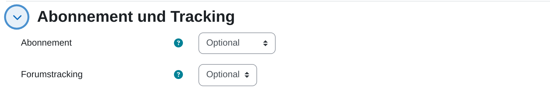 Einstellungsabschnitt „Abonnement und Tracking“ mit den Auswahlfeldern Abonnement und Forumstracking, beide auf „Optional“