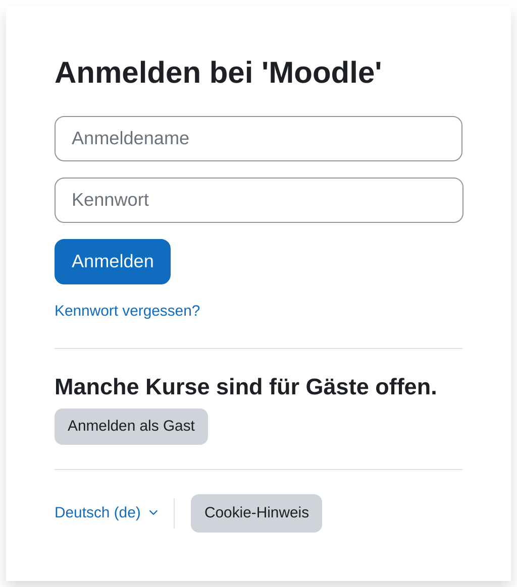 Anmeldekarte von Moodle mit der Überschrift „Anmelden bei ‚Moodle‘“, den Feldern Anmeldename und Kennwort, der Schaltfläche „Anmelden“ und dem Link „Kennwort vergessen?“. Darunter abgetrennt die Überschrift „Manche Kurse sind für Gäste offen.“ und die graue Schaltfläche „Anmelden als Gast“.