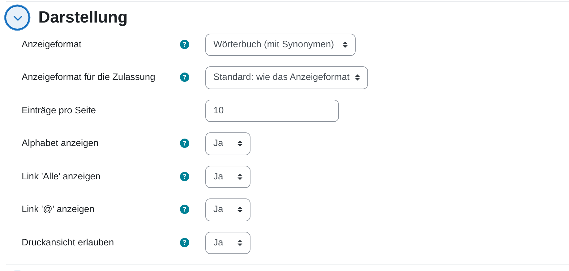 Einstellungsabschnitt „Darstellung“ mit dem Auswahlfeld Anzeigeformat auf „Wörterbuch (mit Synonymen)“, dem Anzeigeformat für die Zulassung, Einträge pro Seite und den Schaltern für Alphabet, Link „Alle“, Link „@“ und Druckansicht