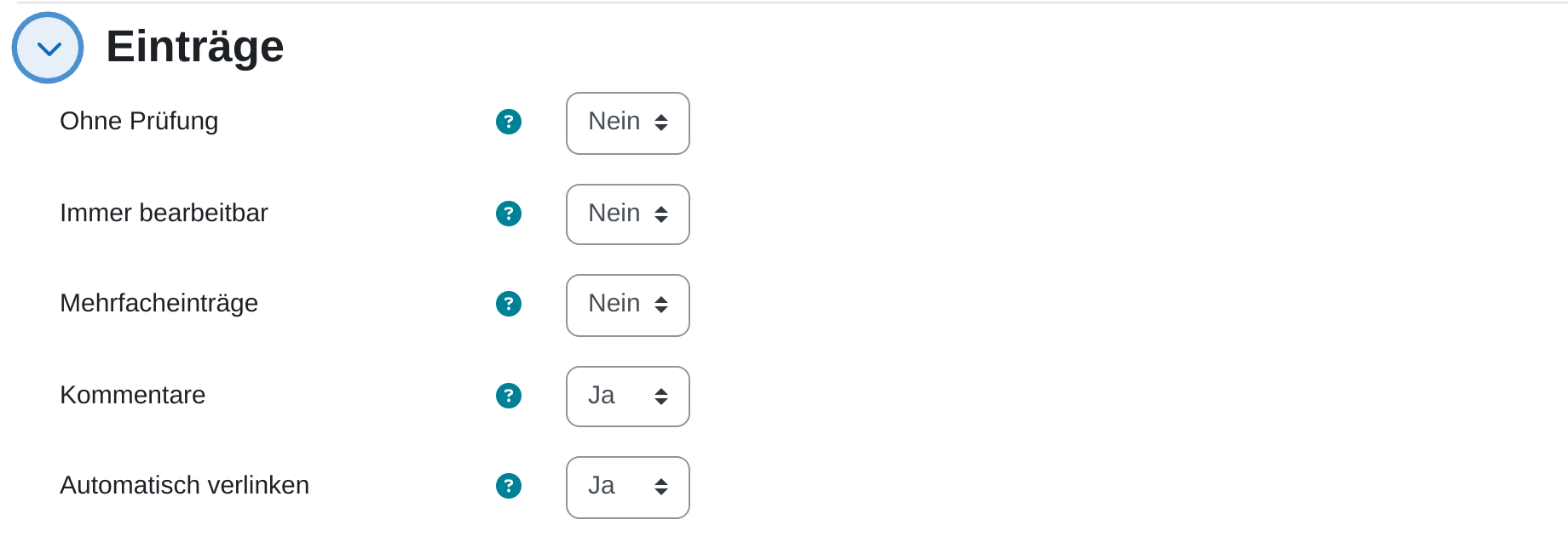 Einstellungsabschnitt „Einträge“ mit den Auswahlfeldern Ohne Prüfung, Immer bearbeitbar, Mehrfacheinträge, Kommentare und Automatisch verlinken
