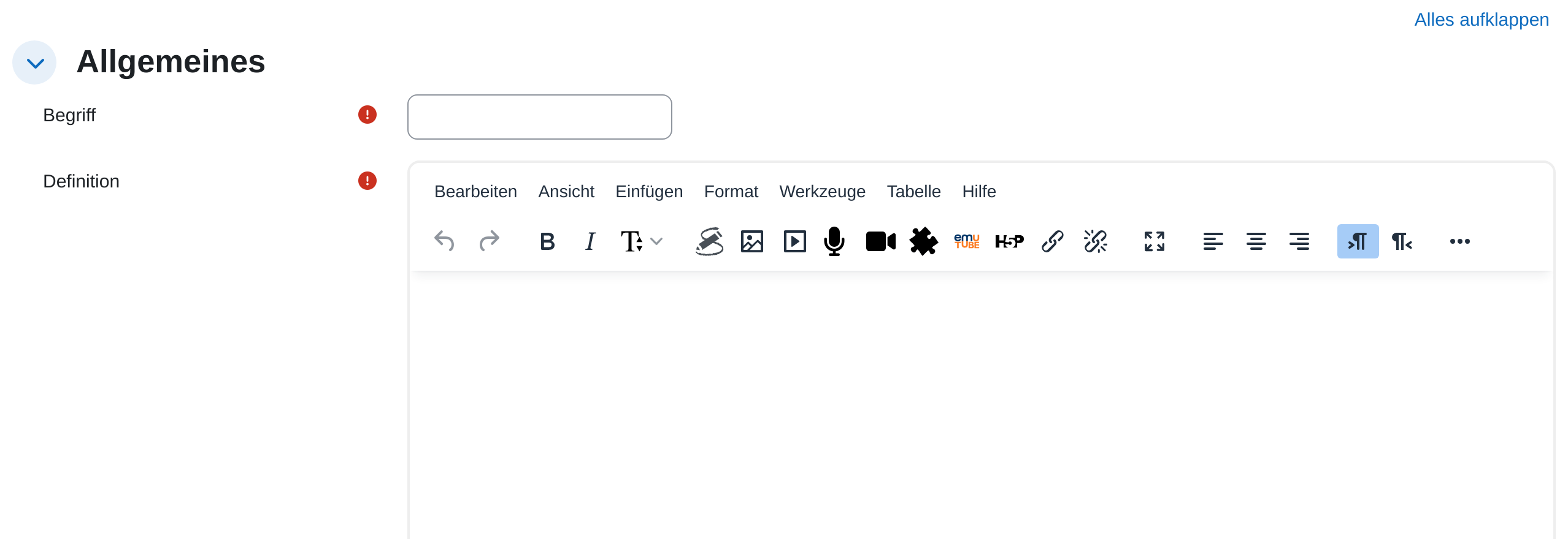 Formular für einen neuen Glossareintrag mit dem Pflichtfeld Begriff und dem Editorfeld Definition
