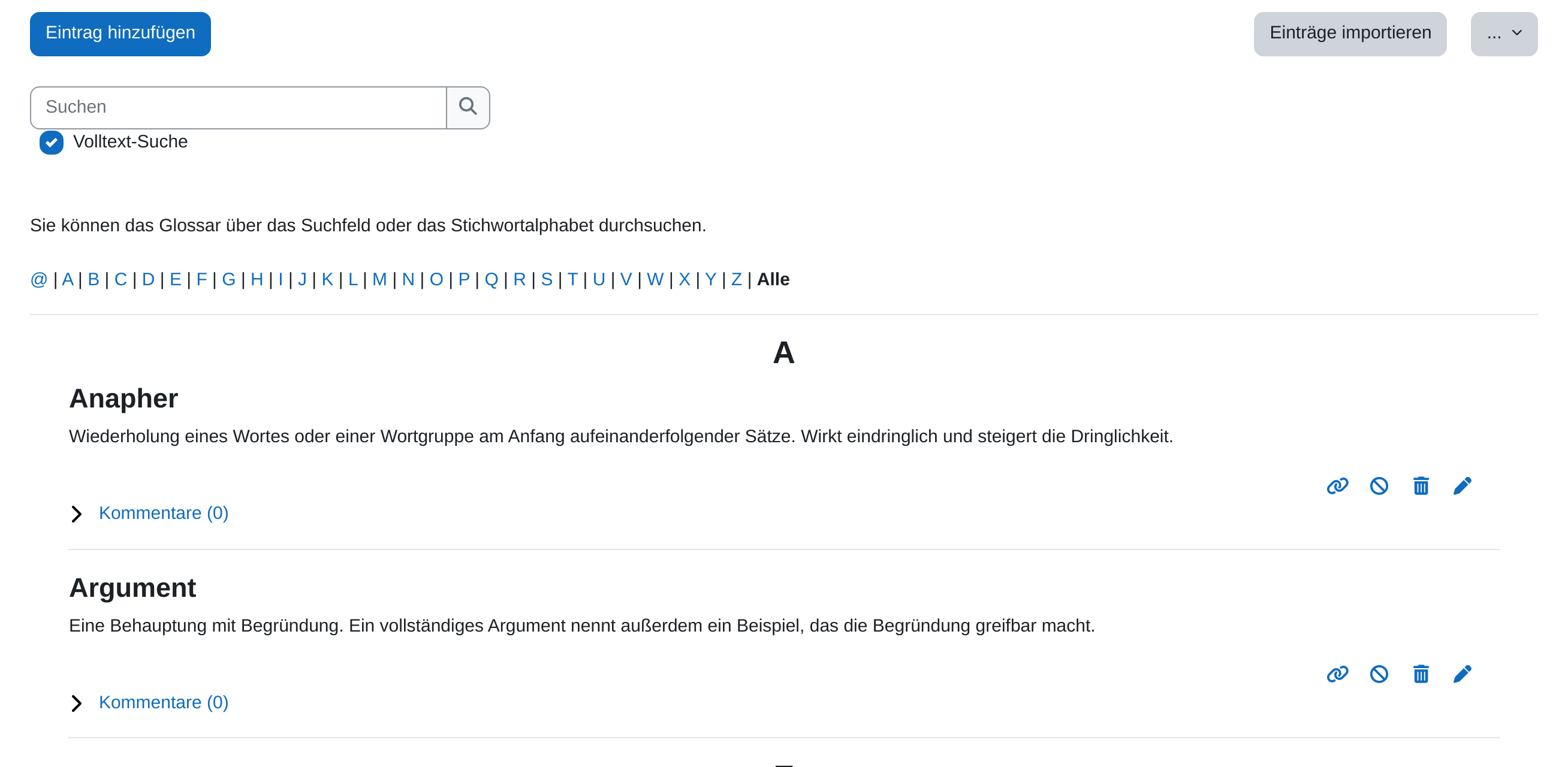 Glossaransicht mit der Schaltfläche „Eintrag hinzufügen“, dem Suchfeld mit Volltext-Suche, der Buchstabenleiste des Stichwortalphabets und den ersten Einträgen mit Begriff und Definition