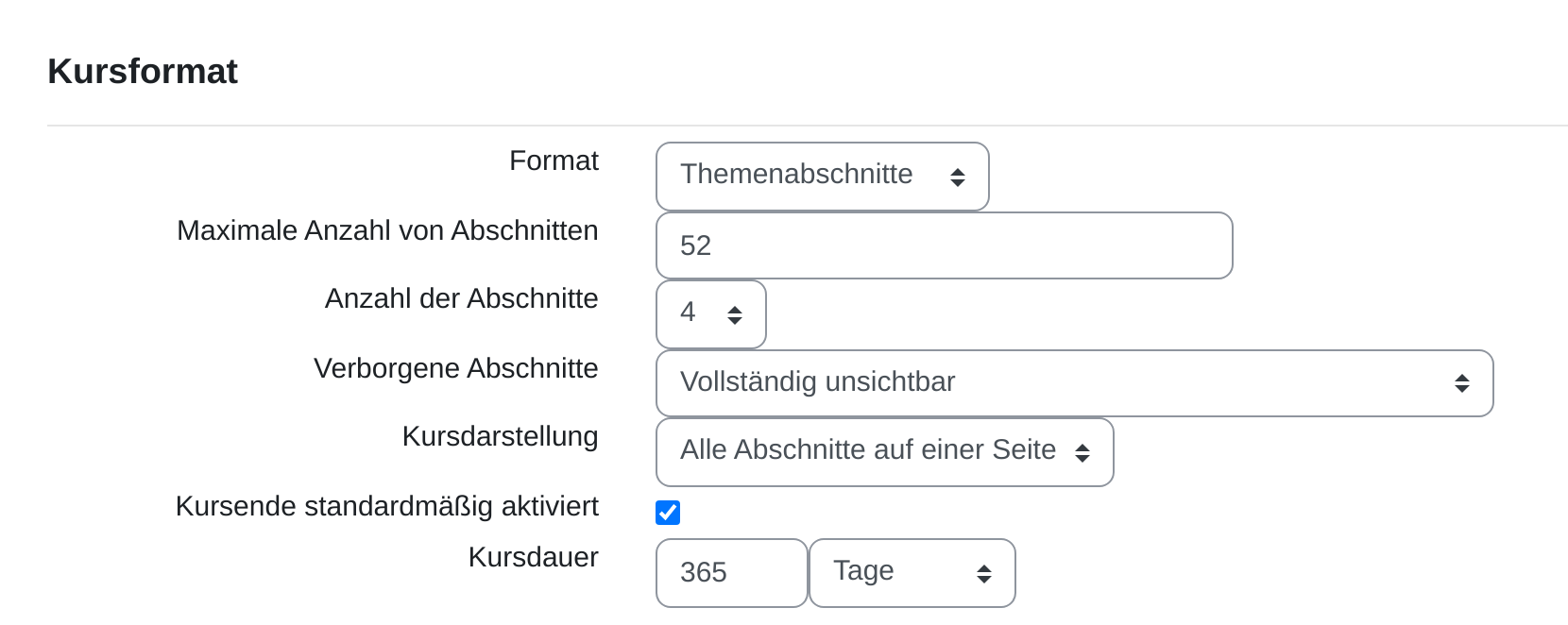Der Abschnitt Kursformat mit sieben Einstellungen: Format „Themenabschnitte“, Maximale Anzahl von Abschnitten „52“, Anzahl der Abschnitte „4“, Verborgene Abschnitte „Vollständig unsichtbar“, Kursdarstellung „Alle Abschnitte auf einer Seite“, ein gesetzter Haken bei Kursende standardmäßig aktiviert und Kursdauer „365 Tage“.