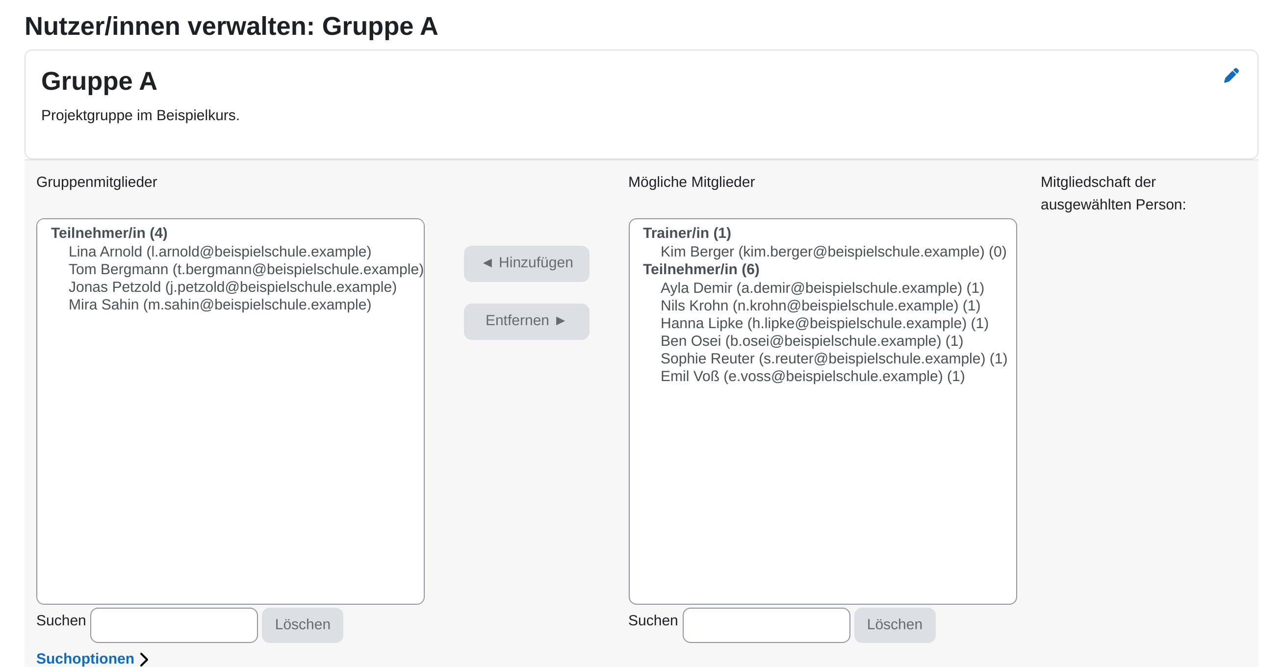 Seite „Nutzer/innen verwalten: Gruppe A“ mit der linken Liste „Gruppenmitglieder“, den Schaltflächen „Hinzufügen“ und „Entfernen“ in der Mitte und der rechten Liste „Mögliche Mitglieder“, in der Trainer/in und Teilnehmer/innen getrennt aufgeführt sind