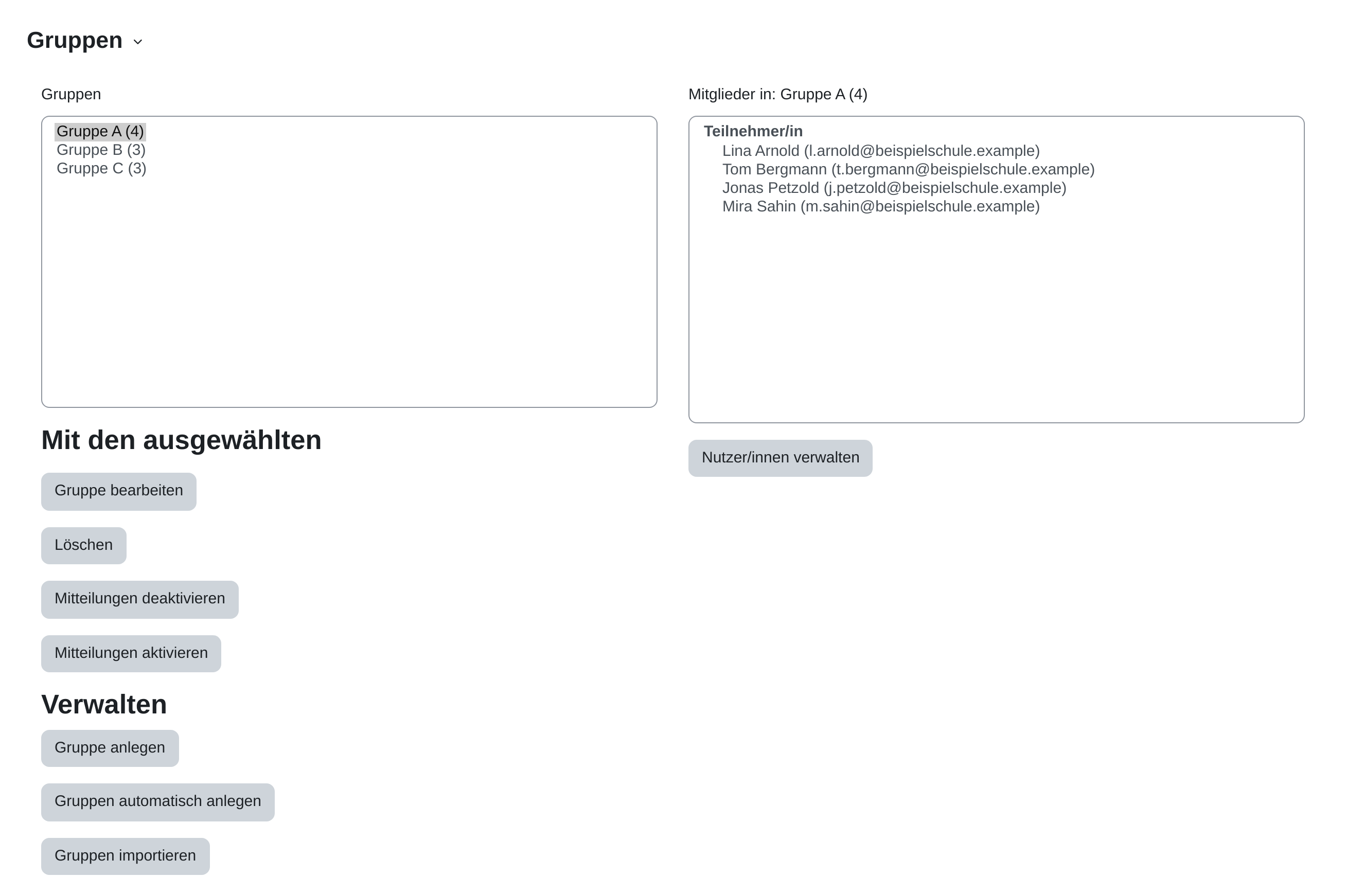 Seite „Gruppen“ eines Kurses: links die Liste mit Gruppe A, Gruppe B und Gruppe C und der Mitgliederzahl in Klammern, rechts die Mitglieder der ausgewählten Gruppe A, darunter die Schaltflächen „Gruppe bearbeiten“, „Löschen“, „Gruppe anlegen“, „Gruppen automatisch anlegen“ und „Gruppen importieren“