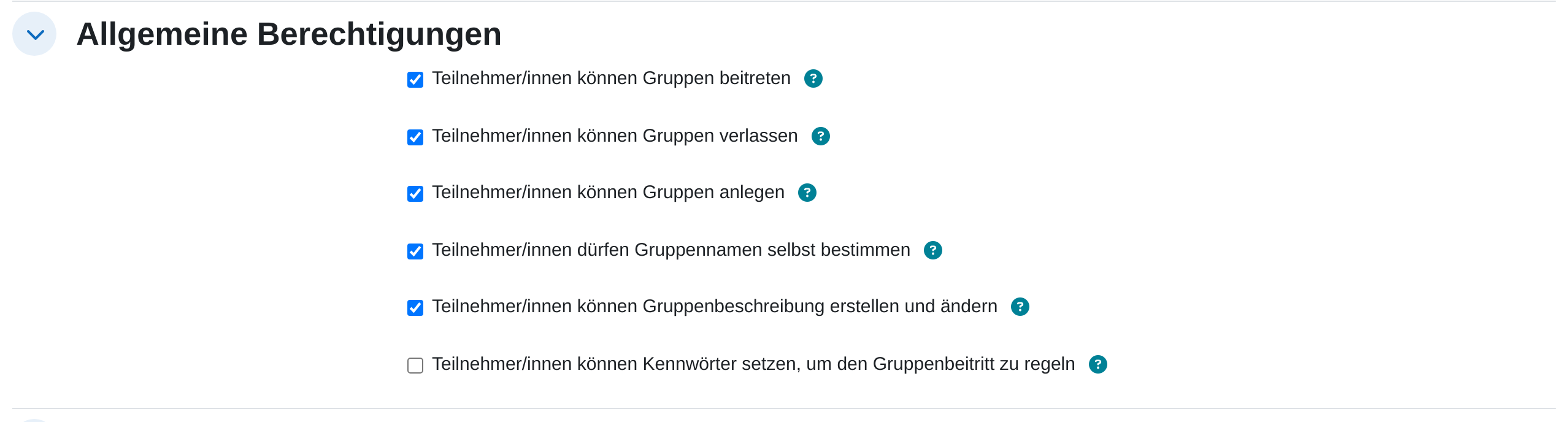 Einstellungsabschnitt „Allgemeine Berechtigungen“ mit den einzeln schaltbaren Kästchen zum Beitreten, Verlassen, Anlegen von Gruppen, zum Bestimmen von Gruppennamen und Beschreibung sowie zum Setzen von Kennwörtern