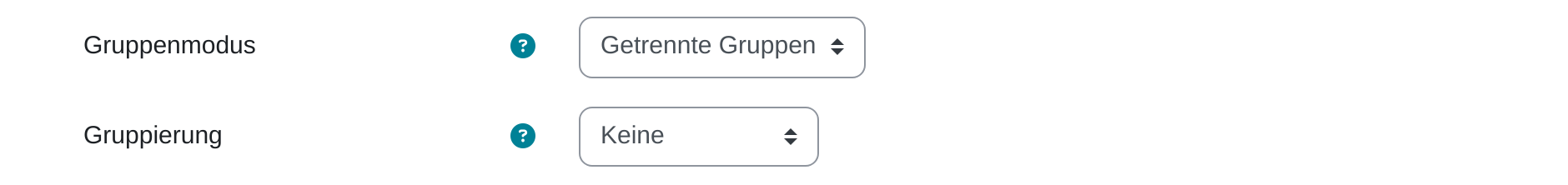 Zwei Formularzeilen aus dem Abschnitt „Weitere Einstellungen“: das Auswahlfeld Gruppenmodus auf „Getrennte Gruppen“ und darunter das Auswahlfeld Gruppierung auf „Keine“