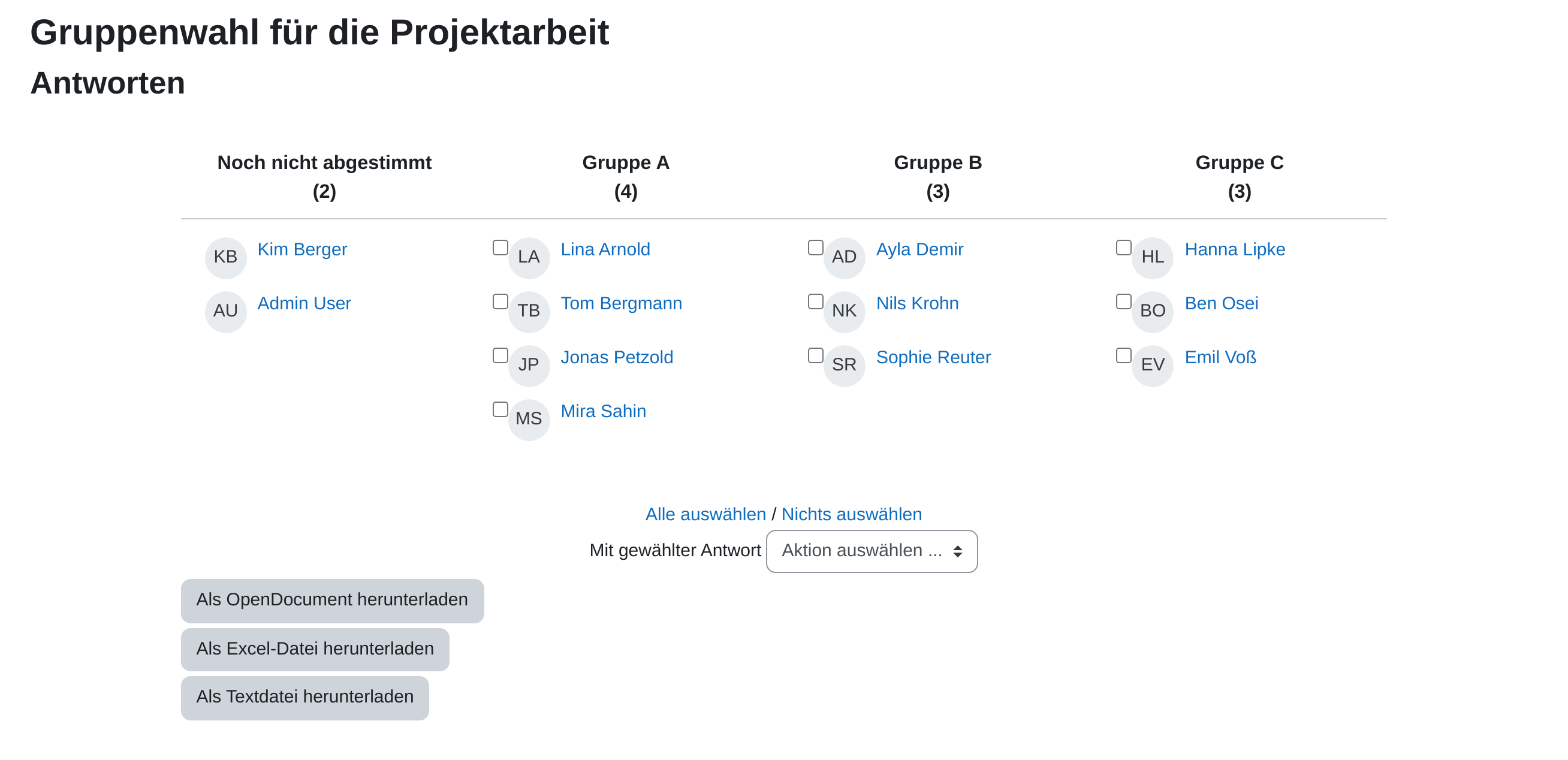 Seite „Antworten“ der Gruppenwahl mit je einer Spalte für „Noch nicht abgestimmt“ und die drei Gruppen, jeweils mit der Anzahl in Klammern und den Namen darunter, darunter das Auswahlfeld „Mit gewählter Antwort“ und die Schaltflächen zum Herunterladen