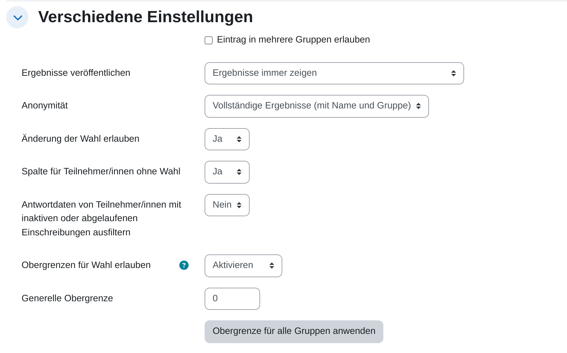 Einstellungsabschnitt „Verschiedene Einstellungen“ mit „Ergebnisse veröffentlichen“ auf „Ergebnisse immer zeigen“, „Anonymität“ auf „Vollständige Ergebnisse (mit Name und Gruppe)“ sowie den Feldern Änderung der Wahl erlauben, Spalte für Teilnehmer/innen ohne Wahl, Obergrenzen für Wahl erlauben und Generelle Obergrenze