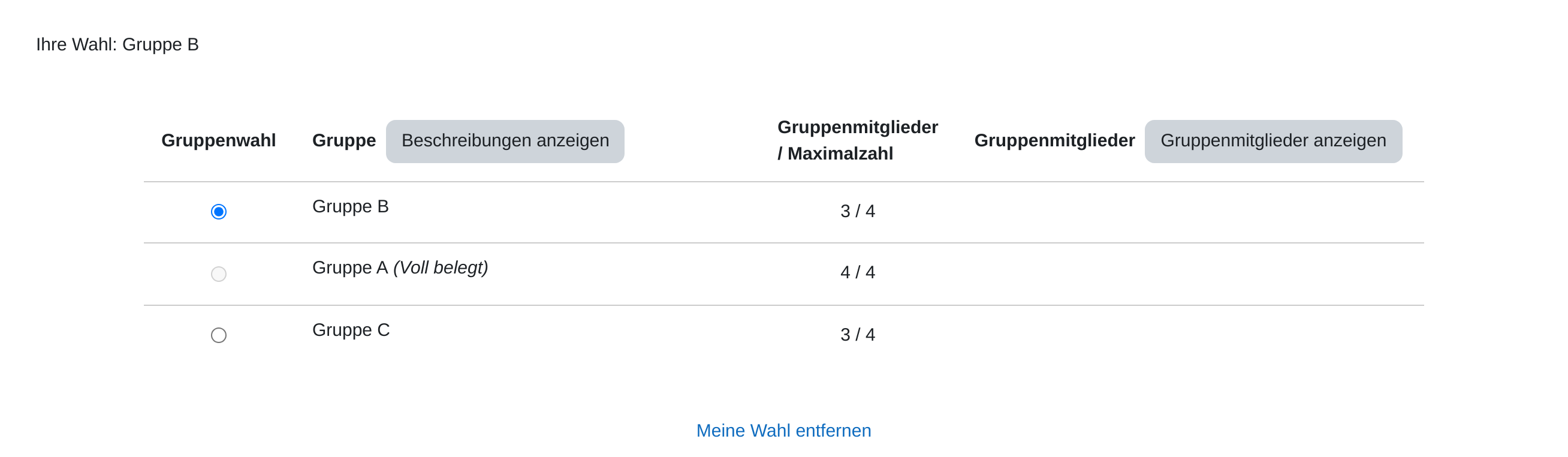 Gruppenwahl aus Sicht einer Teilnehmerin: die Zeile „Ihre Wahl: Gruppe B“, darunter die Tabelle mit Auswahlknöpfen, den Spalten Gruppe und „Gruppenmitglieder / Maximalzahl“, dem Zusatz „(Voll belegt)“ bei Gruppe A und dem Link „Meine Wahl entfernen“