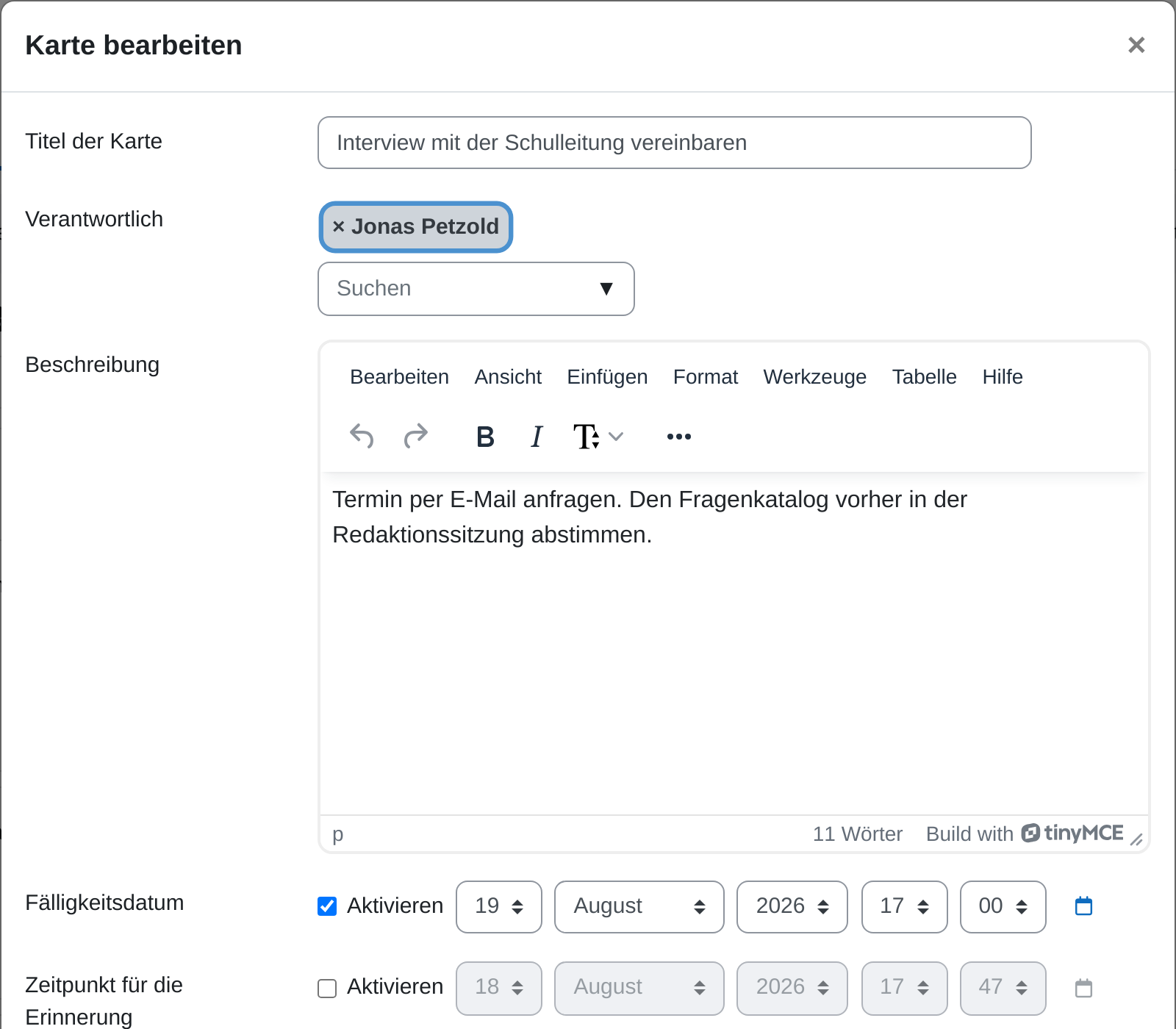 Fenster „Karte bearbeiten“ mit den Feldern Titel der Karte, Verantwortlich, Beschreibung im Editor, Fälligkeitsdatum und Zeitpunkt für die Erinnerung