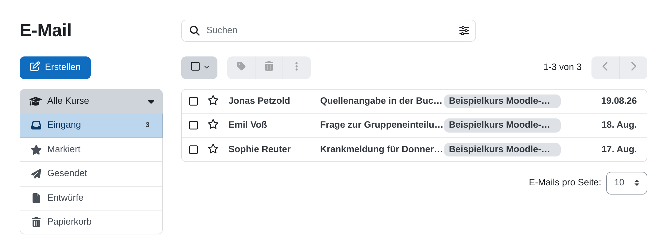 Posteingang des Postfachs E-Mail mit der Schaltfläche Erstellen, den Ordnern Alle Kurse, Eingang, Markiert, Gesendet, Entwürfe und Papierkorb sowie drei Nachrichten mit Absender, Betreff, Kursnamen und Datum