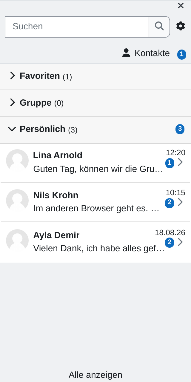 Mitteilungsfenster mit Suchfeld, Zahnrad, dem Eintrag Kontakte mit einer offenen Anfrage und den Abschnitten Favoriten, Gruppe und Persönlich mit drei Gesprächen