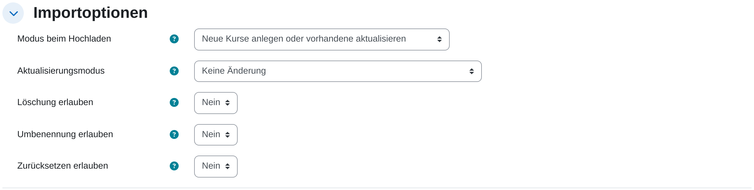 Der Abschnitt „Importoptionen“ der Vorschauseite: Modus beim Hochladen steht auf „Neue Kurse anlegen oder vorhandene aktualisieren“, darunter Aktualisierungsmodus mit „Keine Änderung“ und die drei Auswahlfelder Löschung erlauben, Umbenennung erlauben und Zurücksetzen erlauben, alle auf Nein.