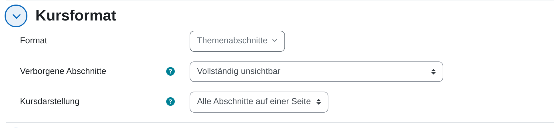 Aufgeklappter Abschnitt „Kursformat“ mit den Feldern Format, Verborgene Abschnitte und Kursdarstellung