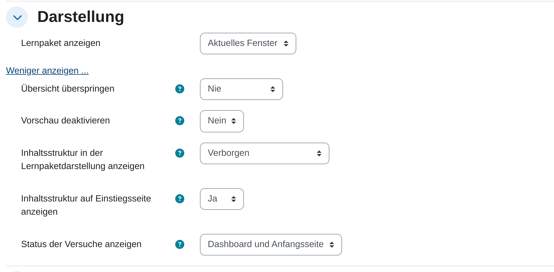 Aufgeklappter Abschnitt „Darstellung“ des Lernpakets mit dem Feld „Inhaltsstruktur in der Lernpaketdarstellung anzeigen“ auf „Verborgen“