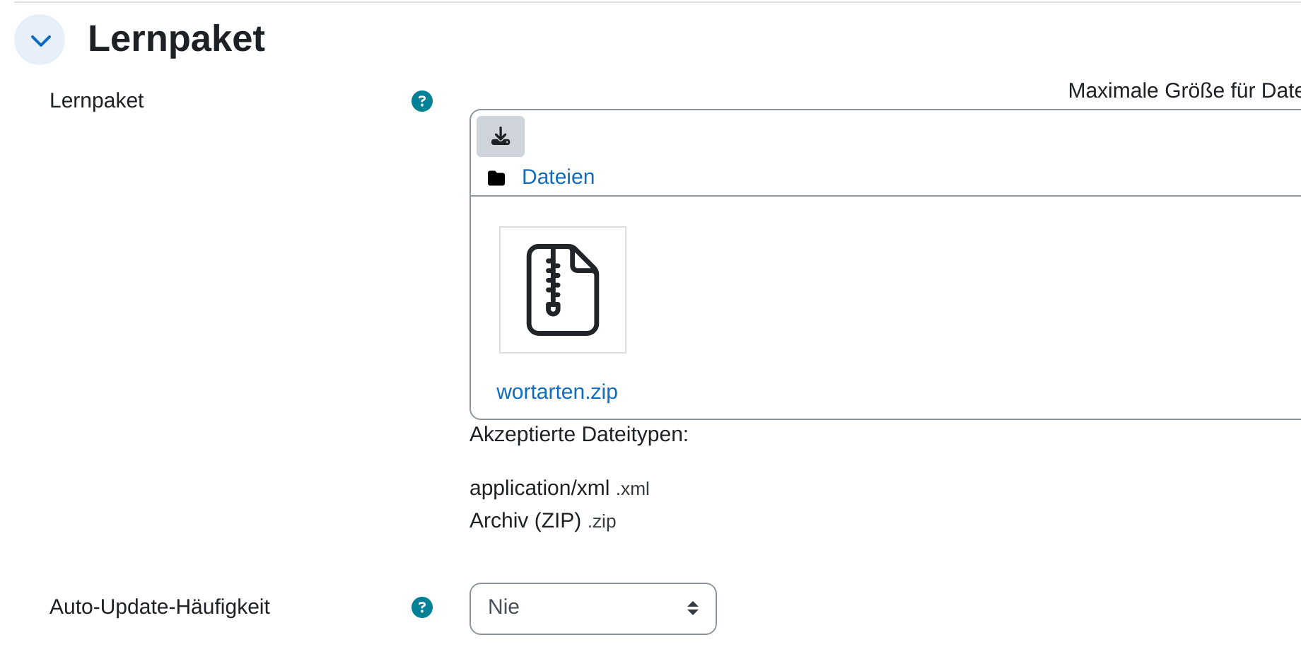 Einstellungsabschnitt „Lernpaket“ mit dem Dateifeld, in das die ZIP-Datei gezogen wird, und der Einstellung Auto-Update-Häufigkeit