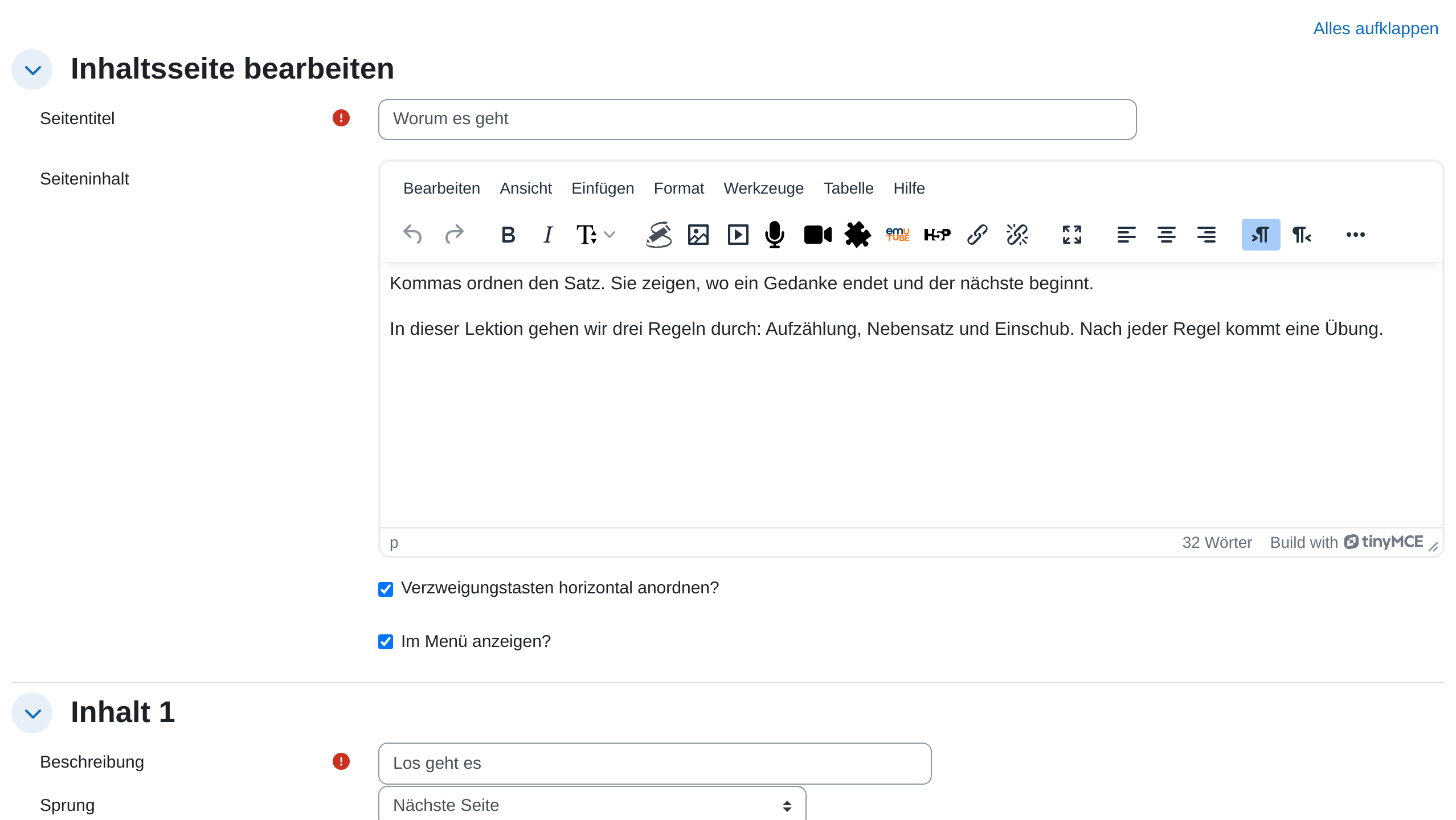 Formular einer Inhaltsseite mit Seitentitel, Seiteninhalt im Texteditor, den Kästchen für horizontale Verzweigungstasten und Menüanzeige und darunter dem Block „Inhalt 1“ mit der Beschreibung der Schaltfläche und dem Auswahlfeld Sprung auf „Nächste Seite“