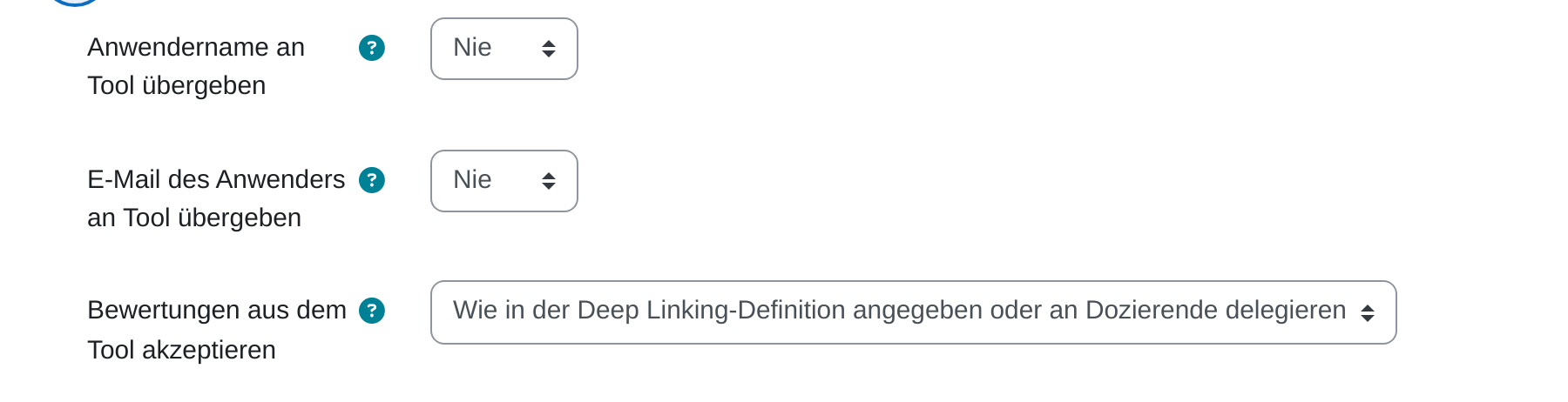 Der aufgeklappte Abschnitt Datenschutz: Anwendername an Tool übergeben und E-Mail des Anwenders an Tool übergeben stehen beide auf „Nie“, darunter Bewertungen aus dem Tool akzeptieren mit dem Wert „Wie in der Deep Linking-Definition angegeben oder an Dozierende delegieren“.