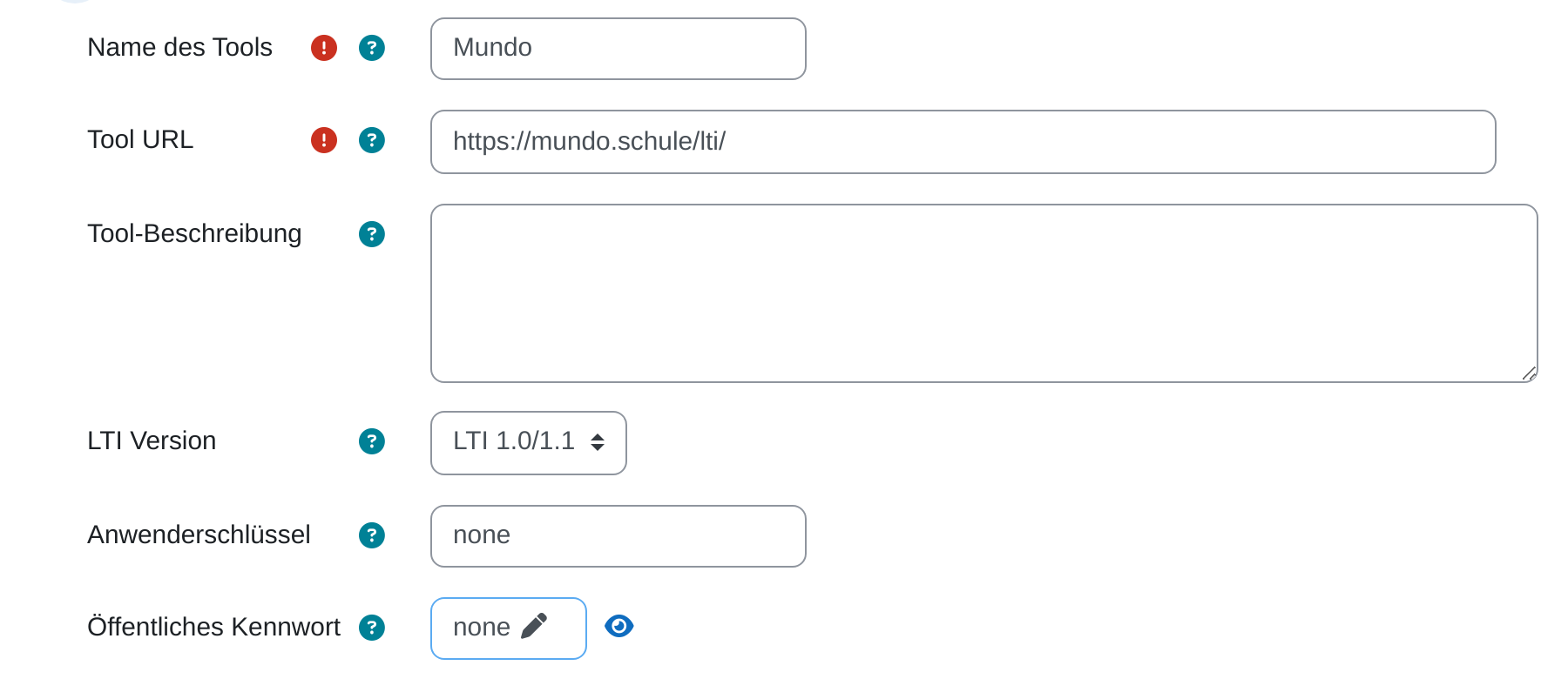Der Abschnitt Tool-Einstellungen des Formulars, gefüllt mit den Mundo-Werten: Name des Tools „Mundo“, Tool URL „https://mundo.schule/lti/“, leere Tool-Beschreibung, LTI Version „LTI 1.0/1.1“, Anwenderschlüssel „none“ und Öffentliches Kennwort „none“.