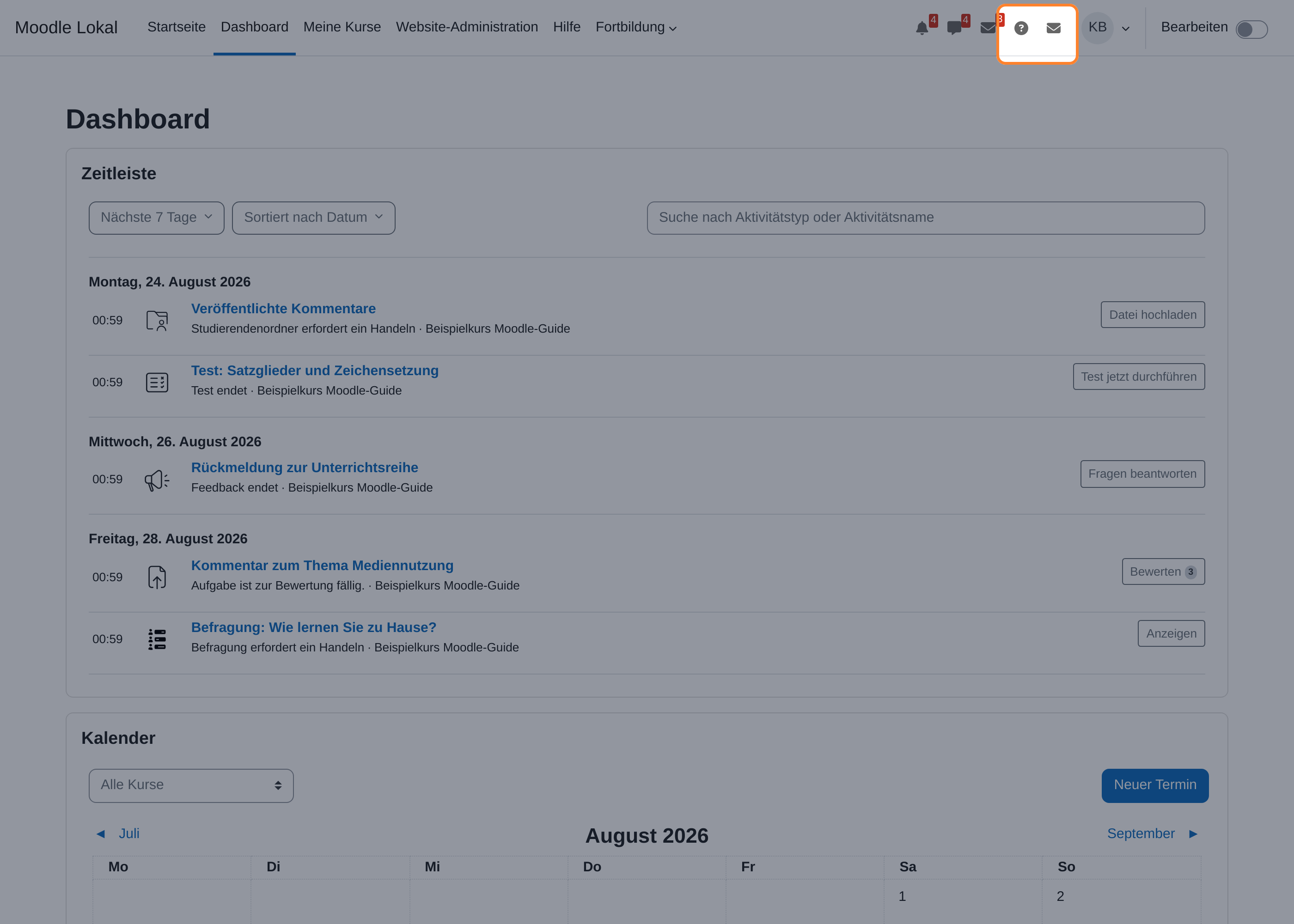 Moodle-Dashboard, die übrige Seite abgedunkelt. Am rechten Ende der Navigationsleiste sind zwei Symbole orange umrahmt, ein Fragezeichen im Kreis und ein Briefumschlag. Links davon Glocke, Sprechblase und ein weiterer Briefumschlag mit roten Zählern, rechts davon das Profilkürzel „KB“.