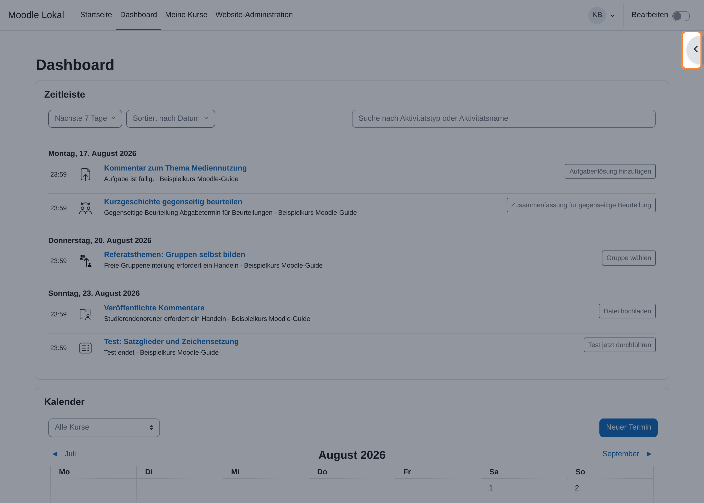 Dashboard mit hervorgehobenem Schalter am rechten Bildschirmrand, der die Blockleiste öffnet