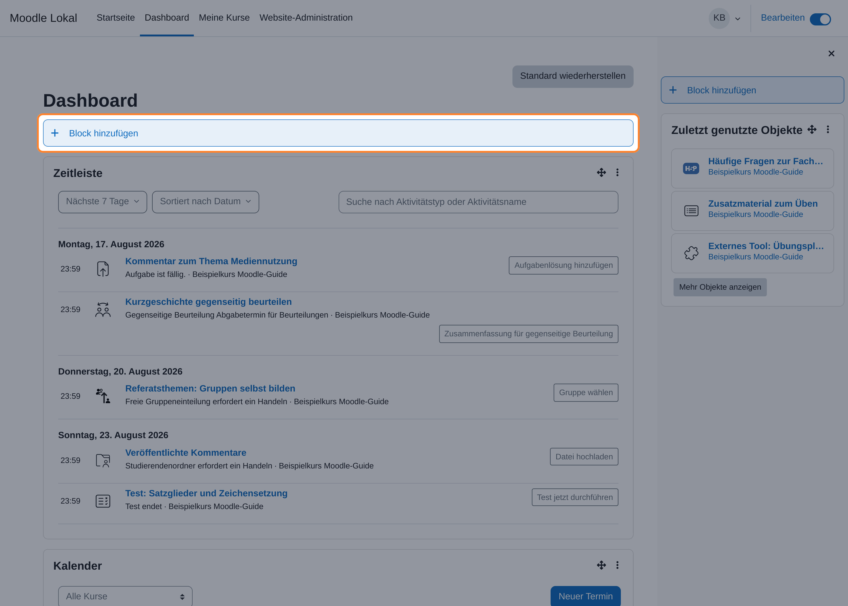 Dashboard im Bearbeiten-Modus mit hervorgehobener Schaltfläche „Block hinzufügen“ und der Schaltfläche „Standard wiederherstellen“