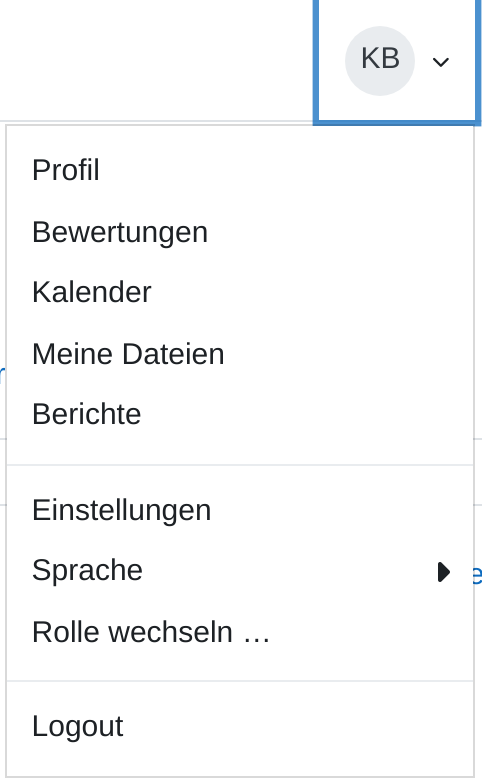 Geöffnetes Nutzermenü mit den Einträgen Profil, Bewertungen, Kalender, Meine Dateien, Berichte, Einstellungen, Sprache, Rolle wechseln und Logout