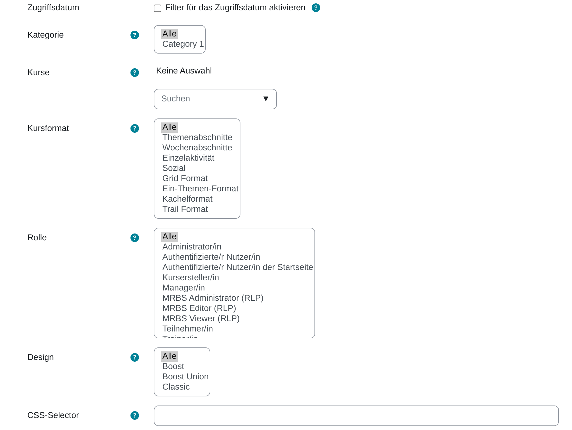 Abschnitt „Tour-Filter“ mit den Zeilen Zugriffsdatum (Kontrollkästchen „Filter für das Zugriffsdatum aktivieren“), Kategorie, Kurse, Kursformat, Rolle, Design und CSS-Selector. In den Auswahllisten ist jeweils „Alle“ markiert; unter „Design“ stehen Boost, Boost Union und Classic.